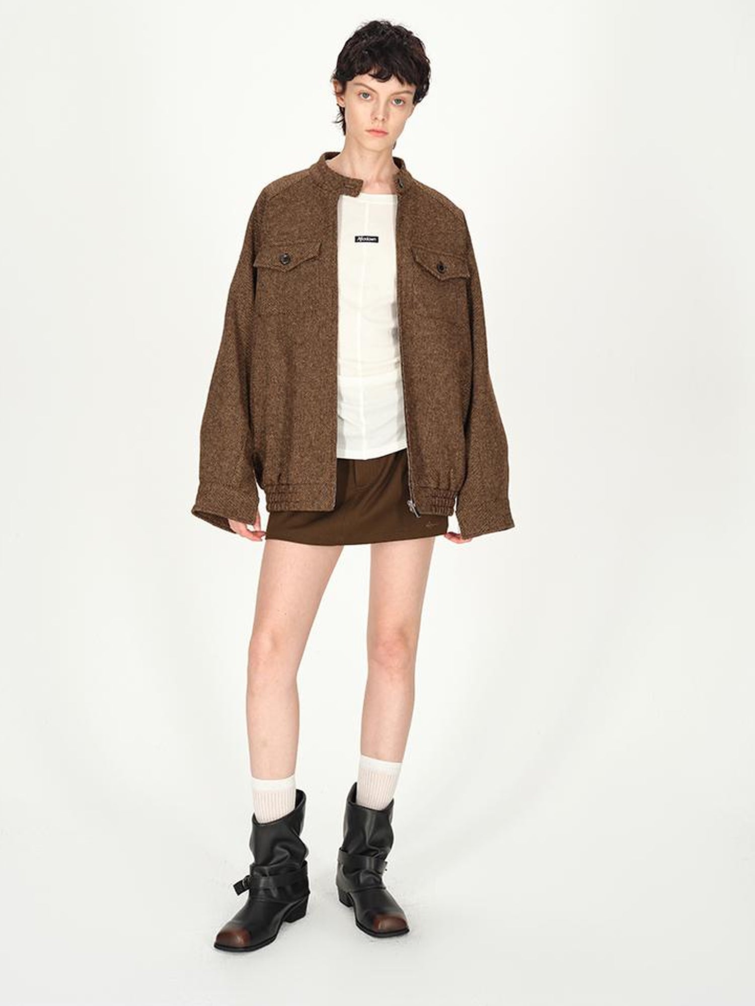 AFTADAWN Textured Tweed Stand Collar Zip Jacket Warm Wool Coat