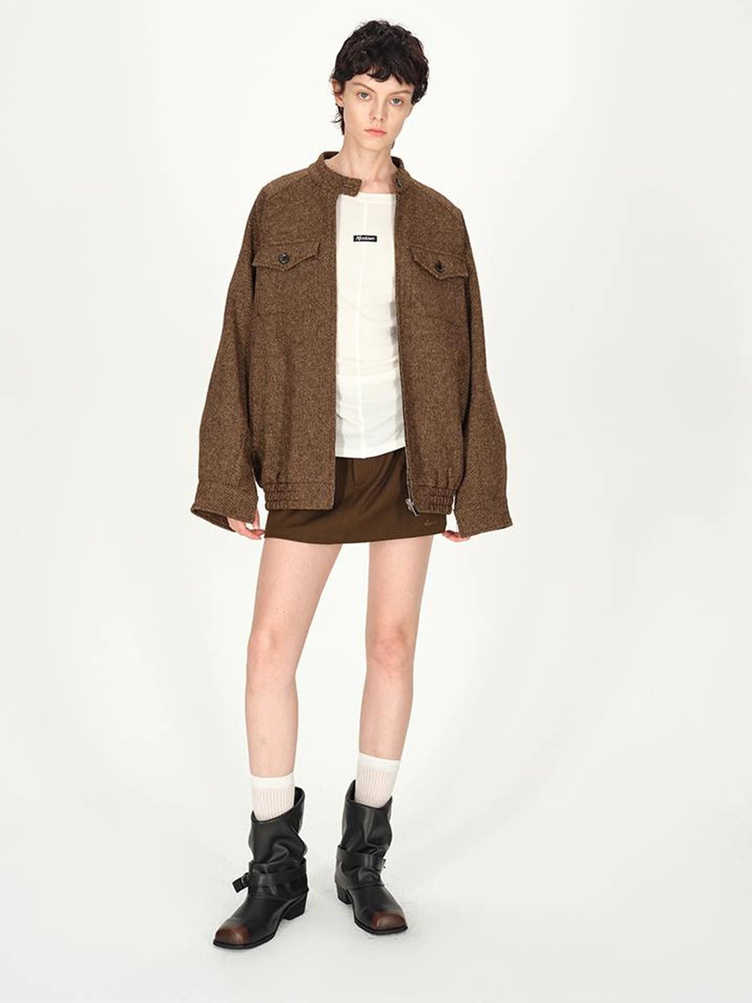 Textured Tweed Stand Collar Zip Jacket Warm Wool Coat