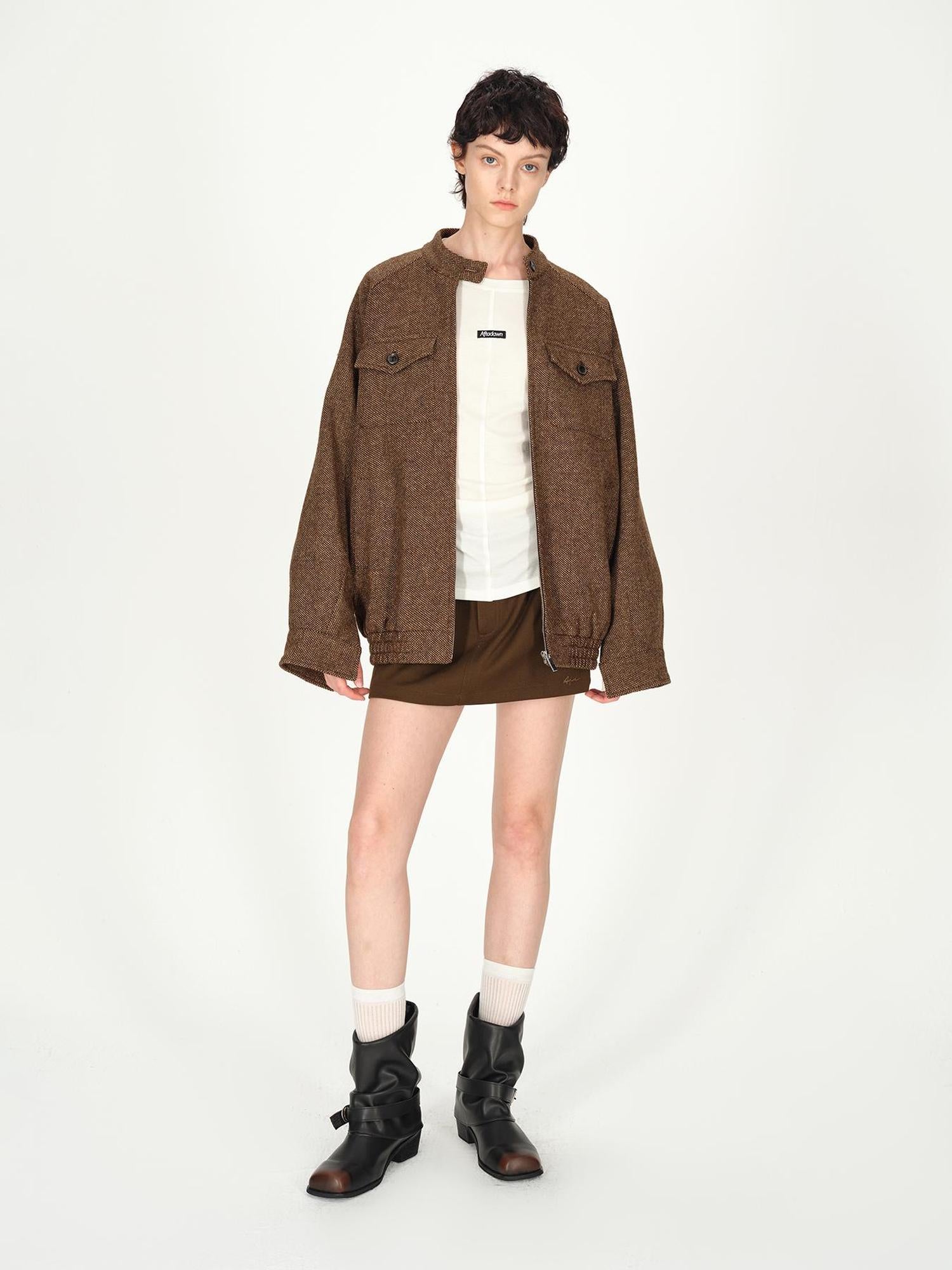 AFTADAWN Textured Tweed Stand Collar Zip Jacket Warm Wool Coat