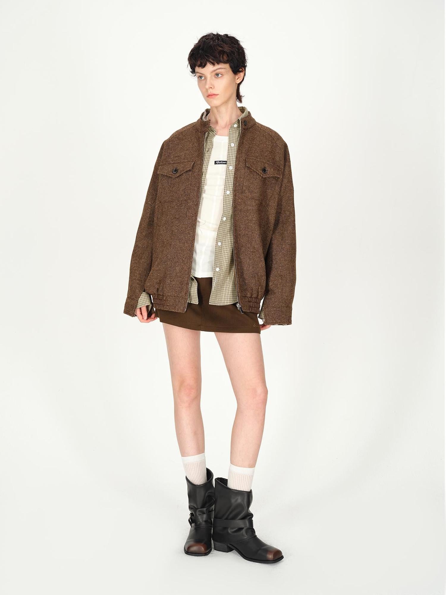 AFTADAWN Textured Tweed Stand Collar Zip Jacket Warm Wool Coat