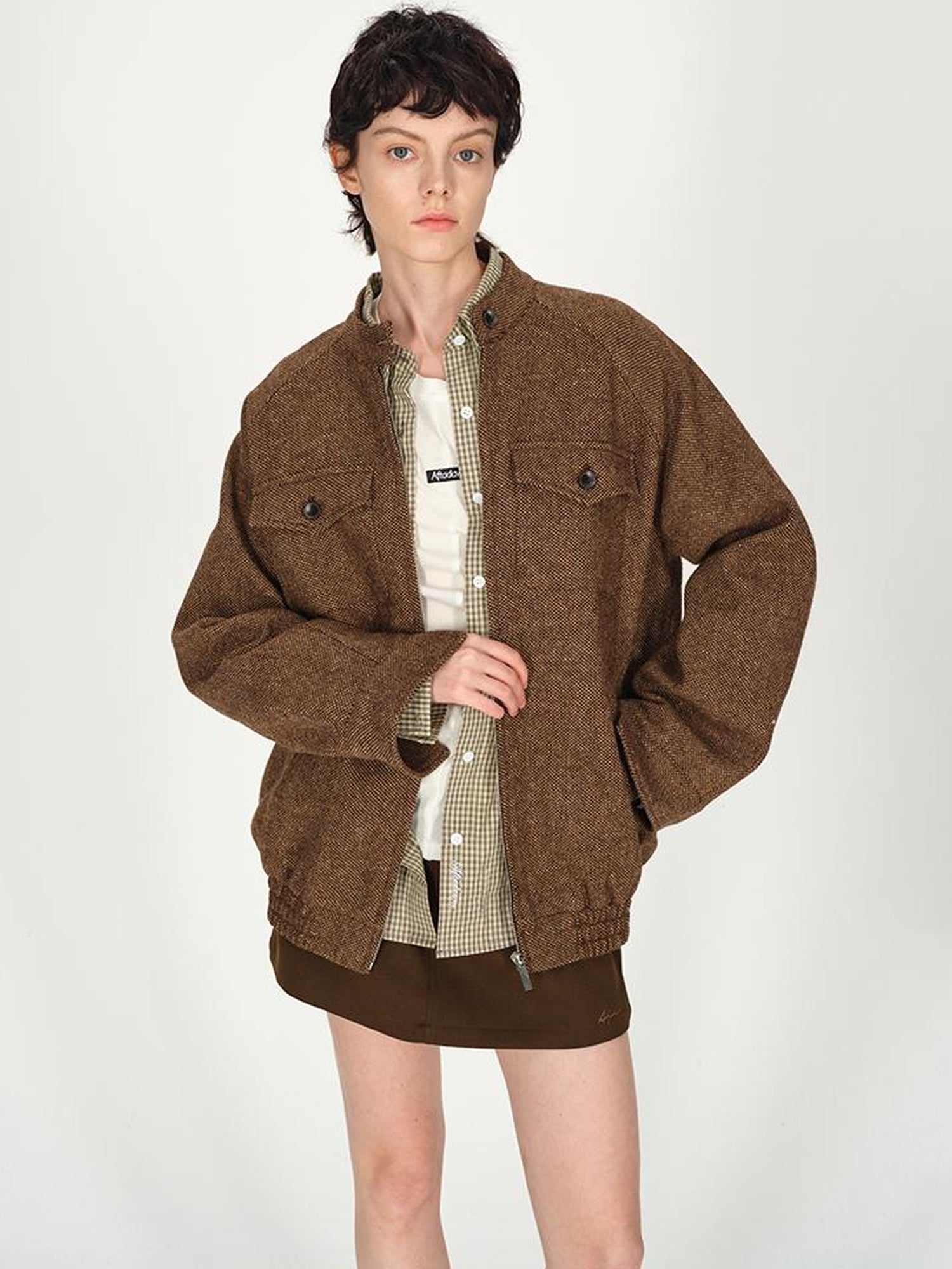 AFTADAWN Textured Tweed Stand Collar Zip Jacket Warm Wool Coat