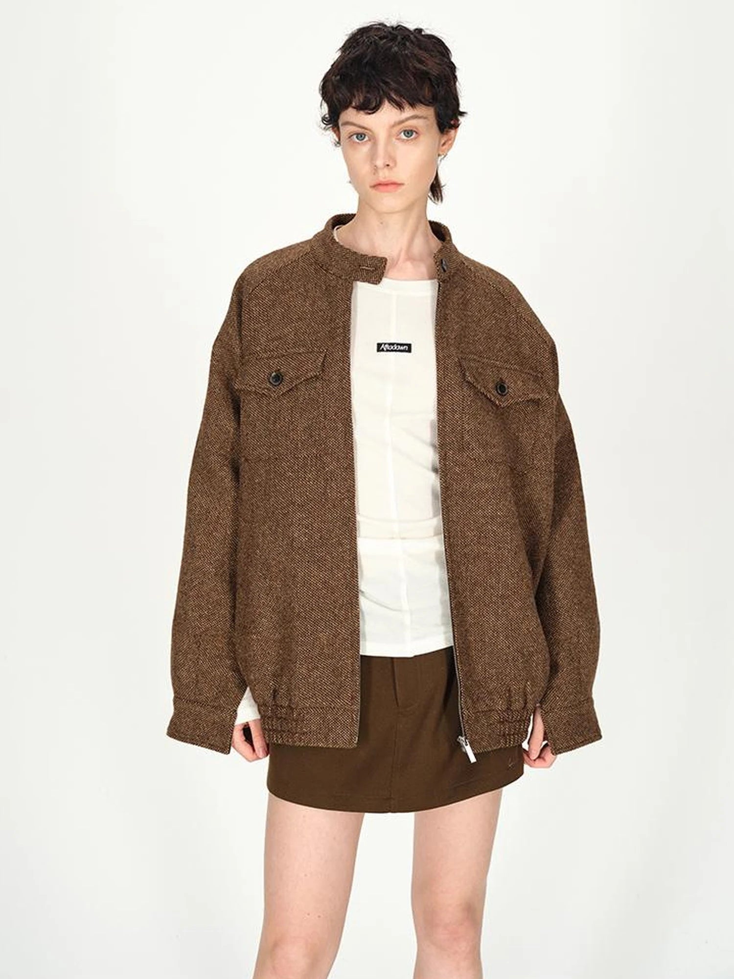Textured Tweed Stand Collar Zip Jacket Warm Wool Coat