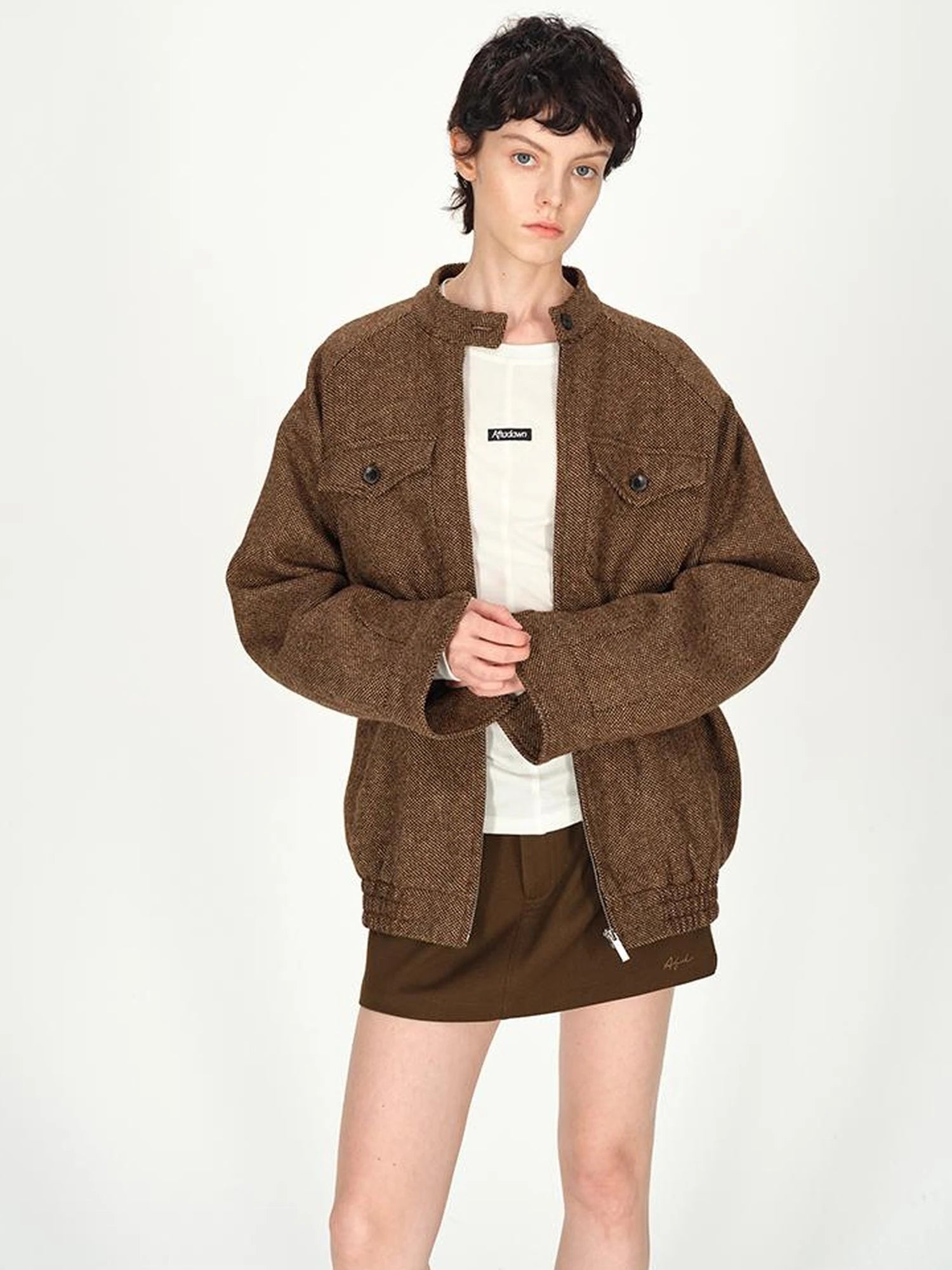 Textured Tweed Stand Collar Zip Jacket Warm Wool Coat