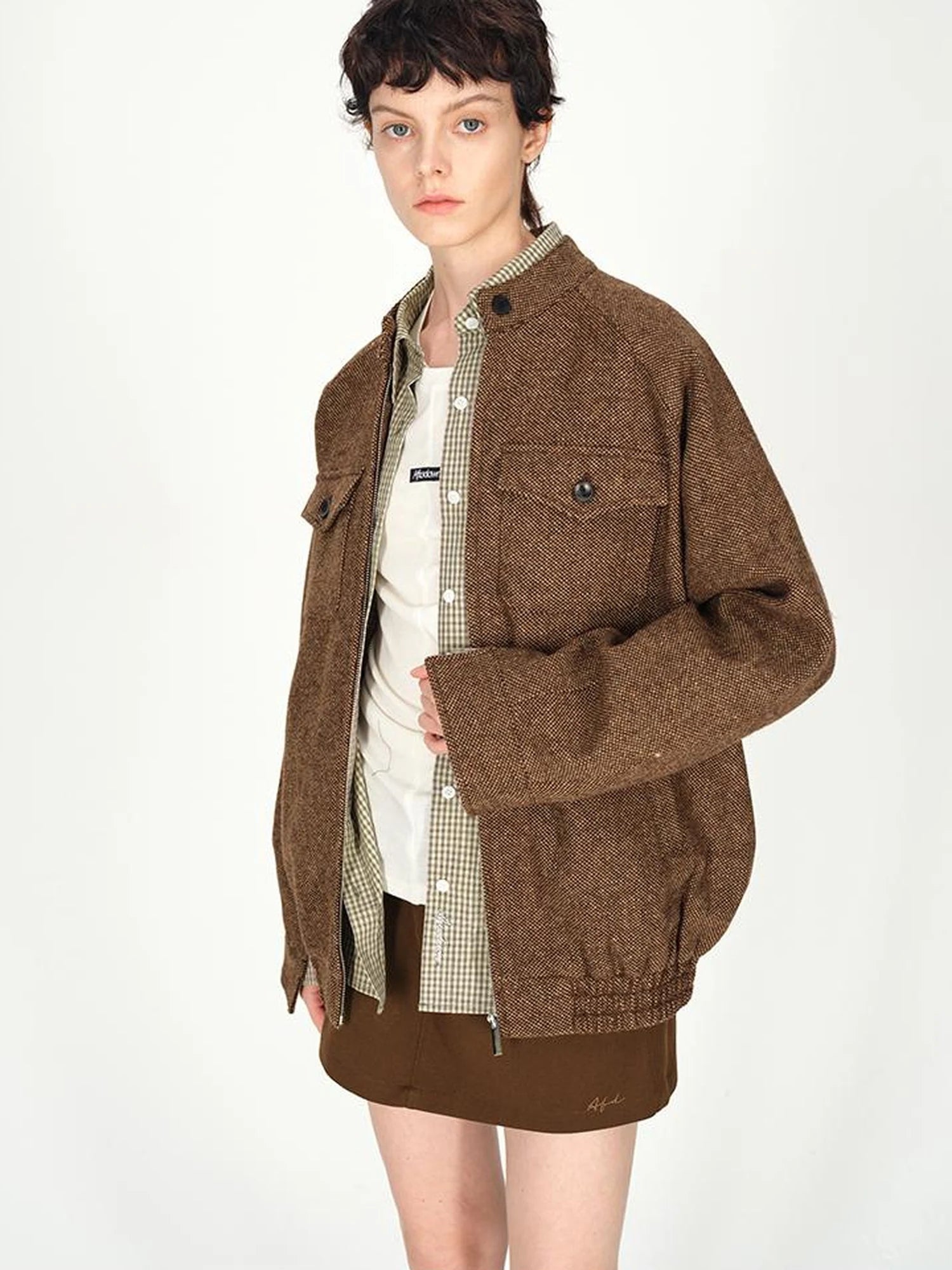 Textured Tweed Stand Collar Zip Jacket Warm Wool Coat