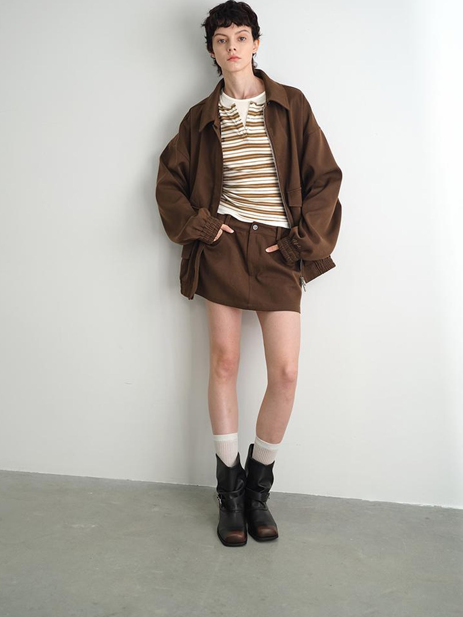 AFTADAWN Textured Twill Notched Lapel Zip Up Jacket A Line Skirt Set