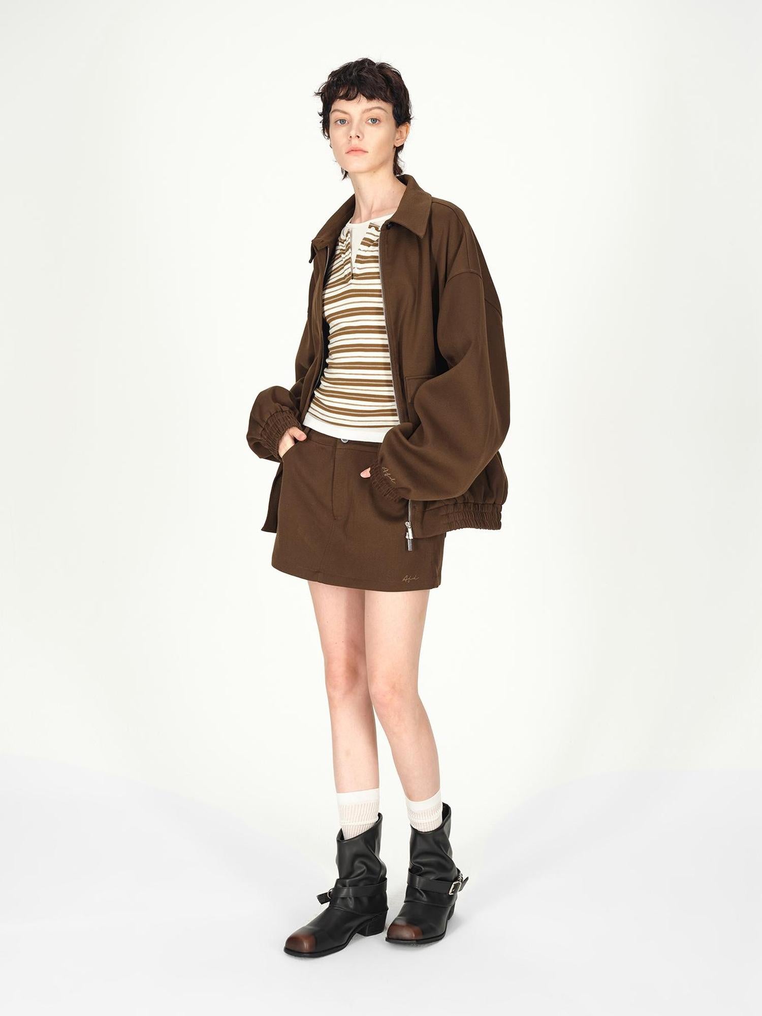 AFTADAWN Textured Twill Notched Lapel Zip Up Jacket A Line Skirt Set