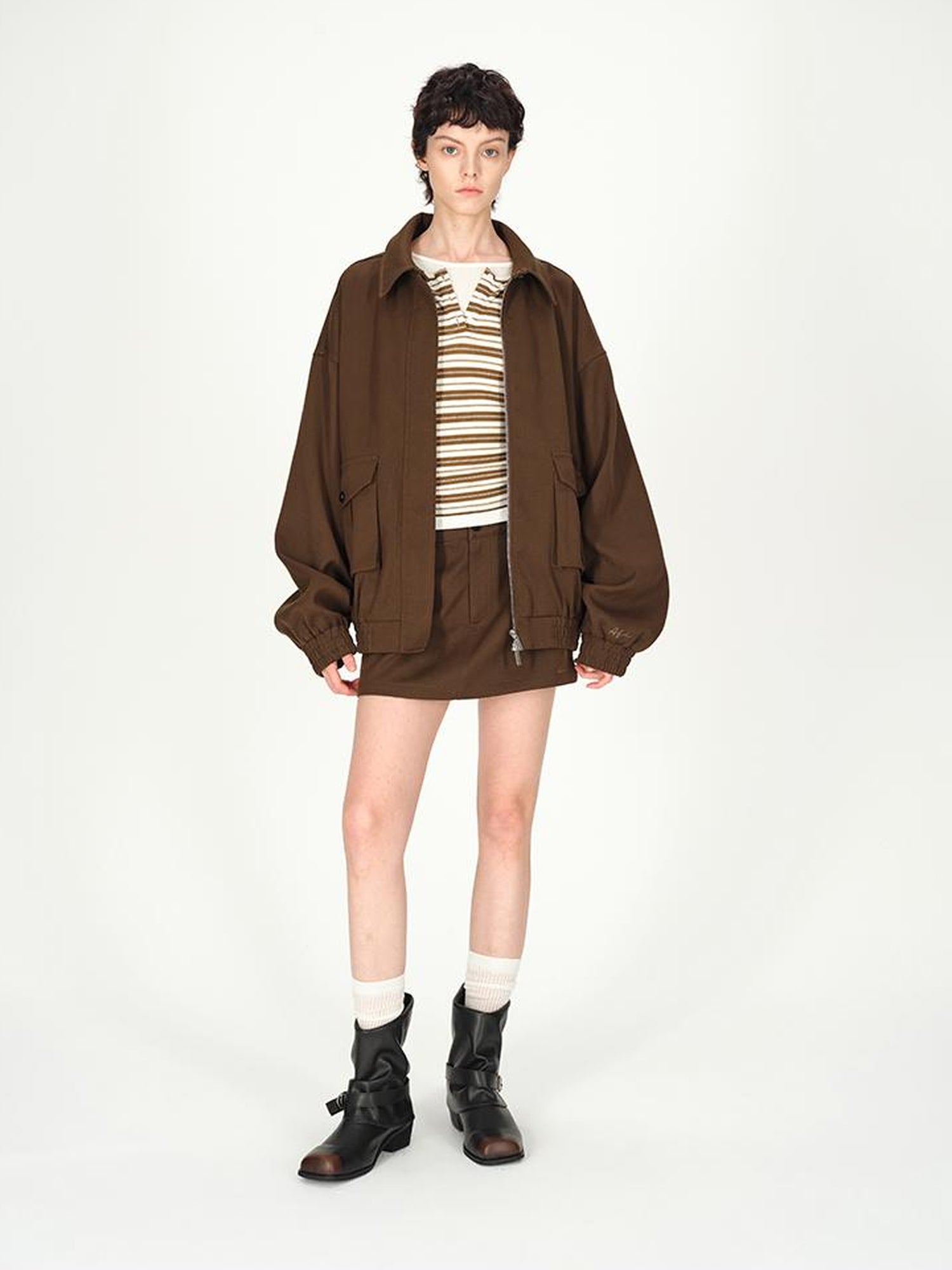 AFTADAWN Textured Twill Notched Lapel Zip Up Jacket A Line Skirt Set