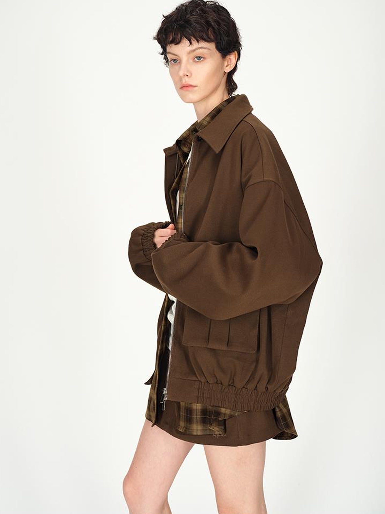 AFTADAWN Textured Twill Notched Lapel Zip Up Jacket A Line Skirt Set