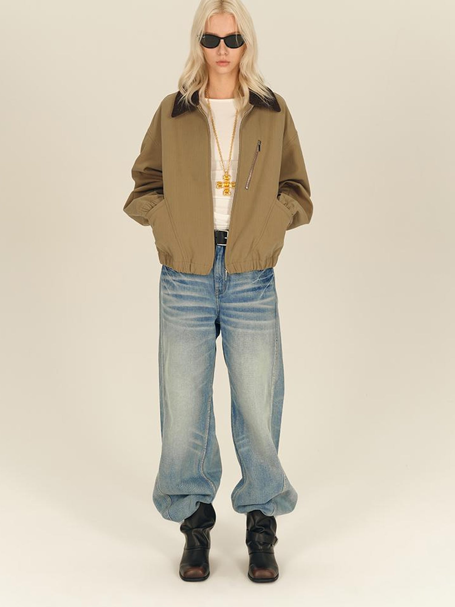 AFTADAWN Textured Twist Collar Zip Jacket