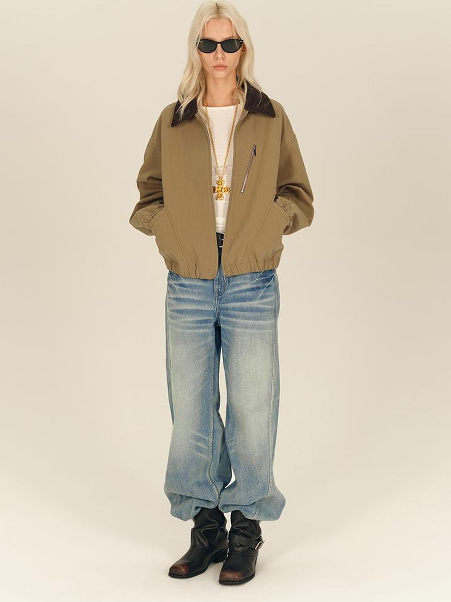 AFTADAWN Textured Twist Collar Zip Jacket