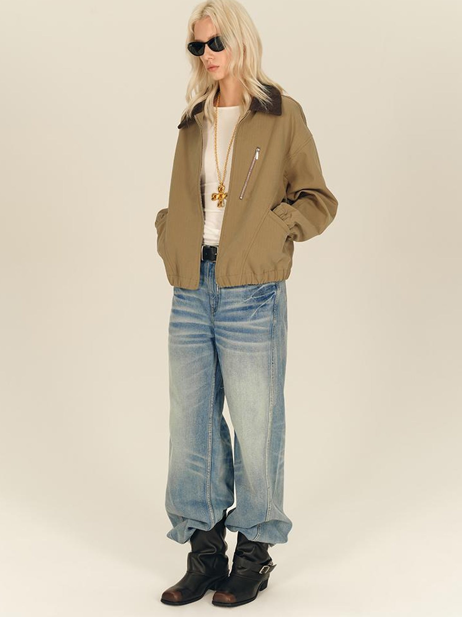 AFTADAWN Textured Twist Collar Zip Jacket