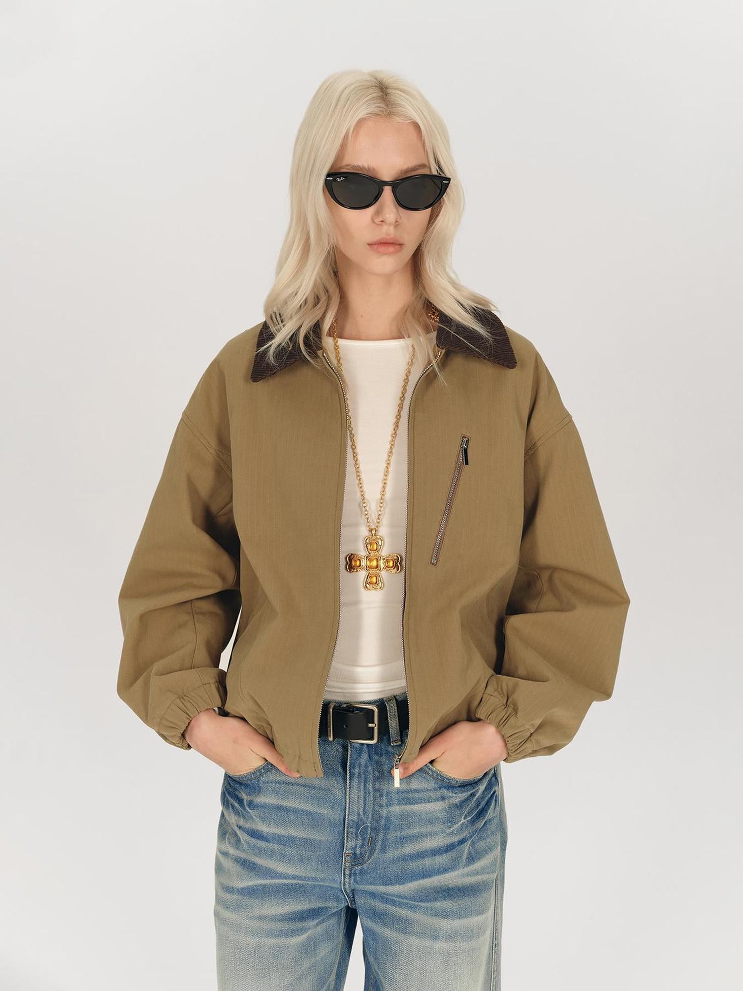 AFTADAWN Textured Twist Collar Zip Jacket