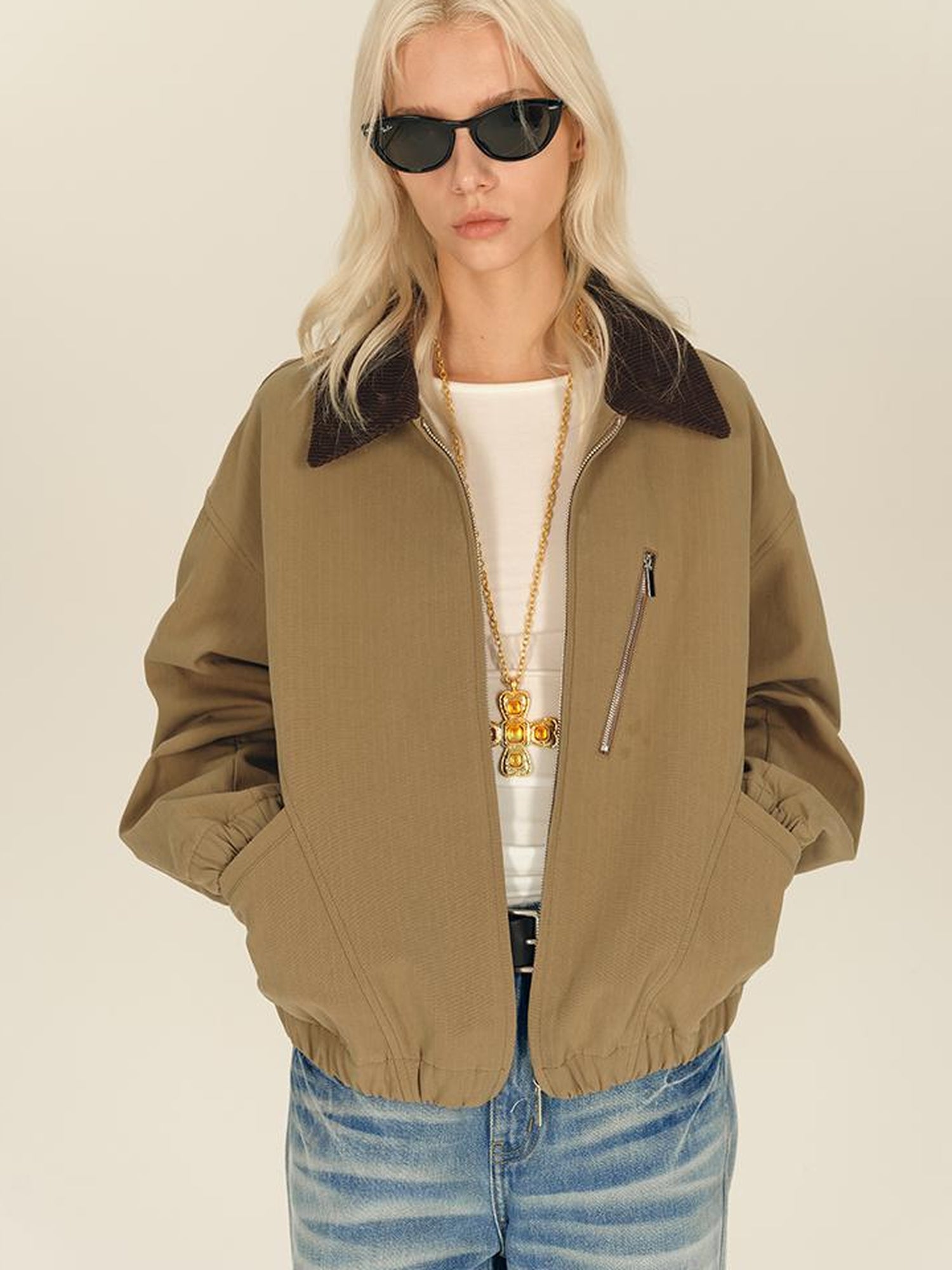 AFTADAWN Textured Twist Collar Zip Jacket