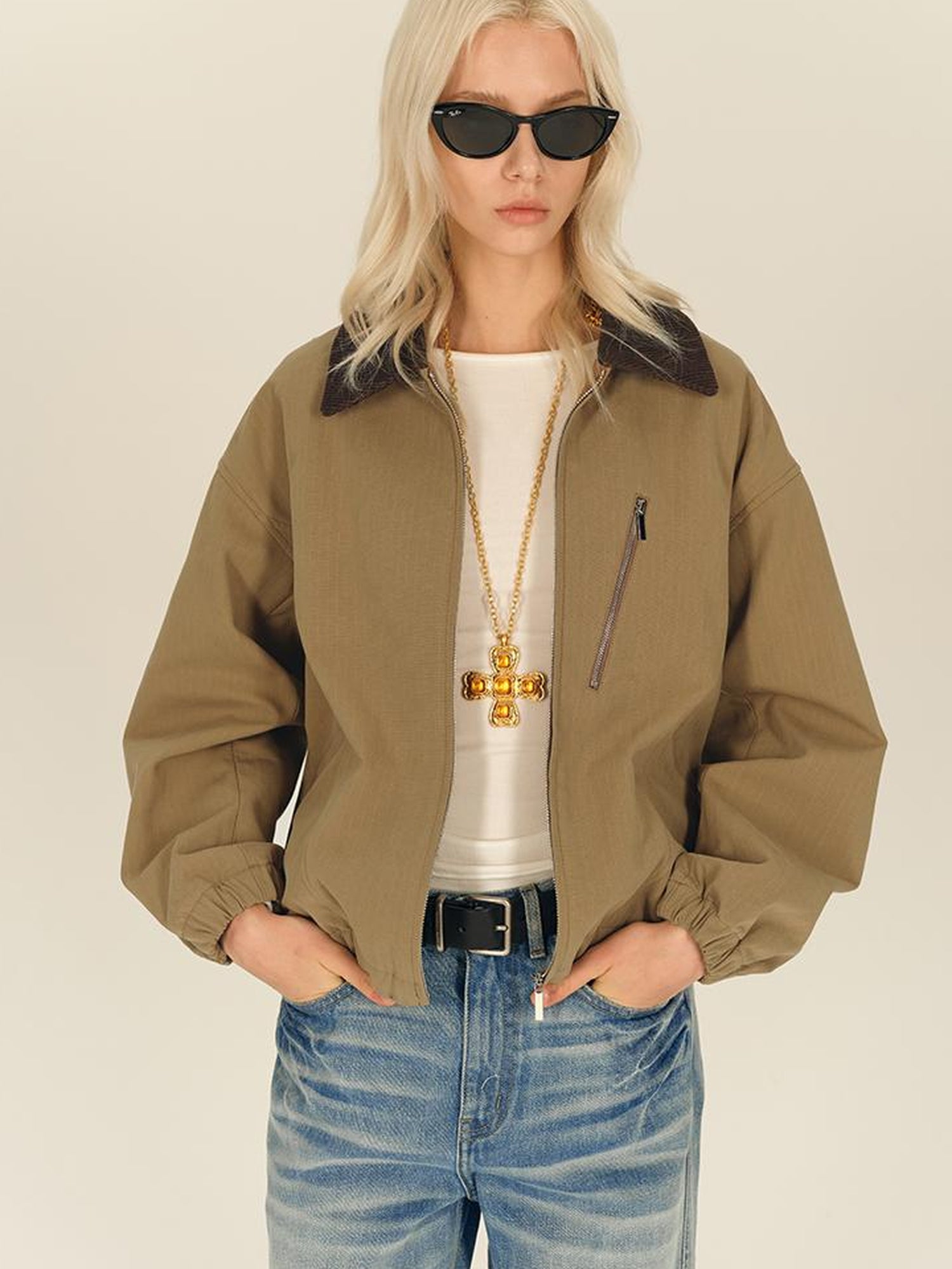 AFTADAWN Textured Twist Collar Zip Jacket