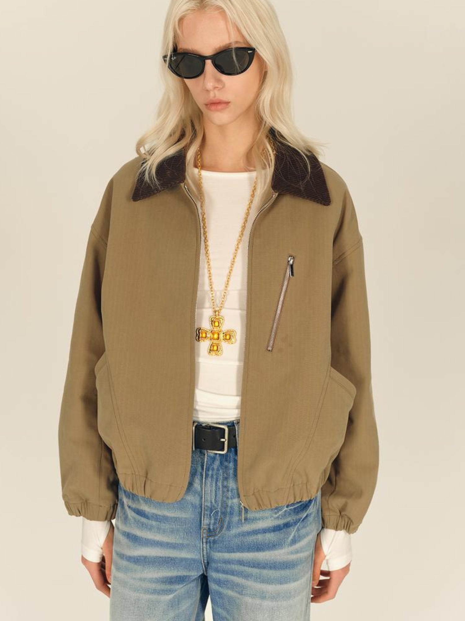 AFTADAWN Textured Twist Collar Zip Jacket