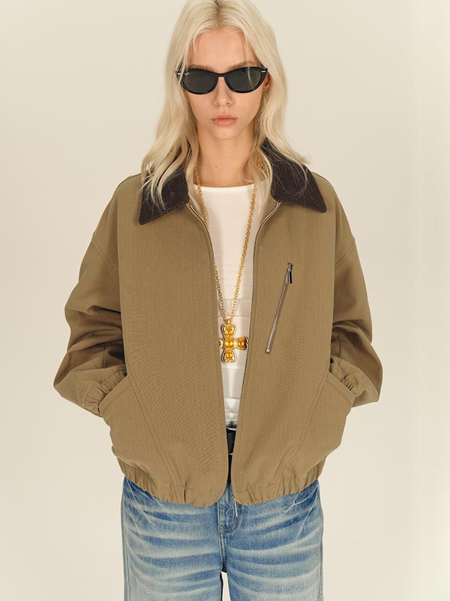 AFTADAWN Textured Twist Collar Zip Jacket