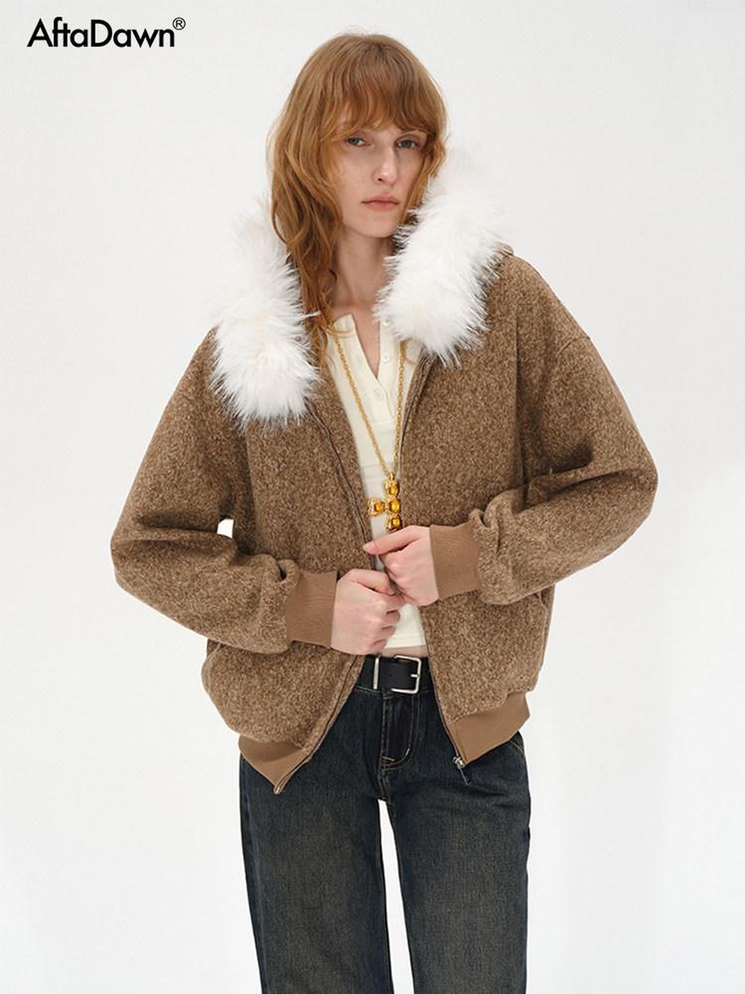 AFTADAWN Textured Woven Detachable Fur Collar Zipper Women&