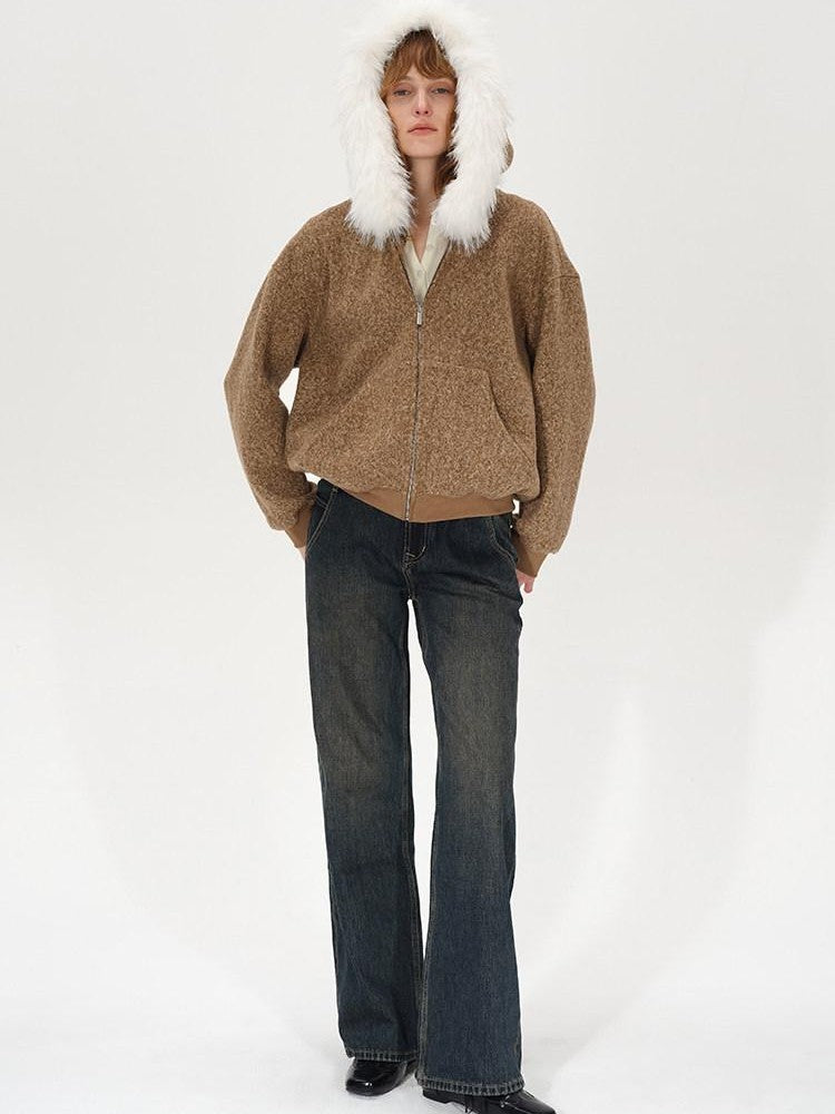 AFTADAWN Textured Woven Detachable Fur Collar Zipper Women&