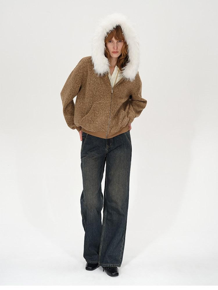 AFTADAWN Textured Woven Detachable Fur Collar Zipper Women&