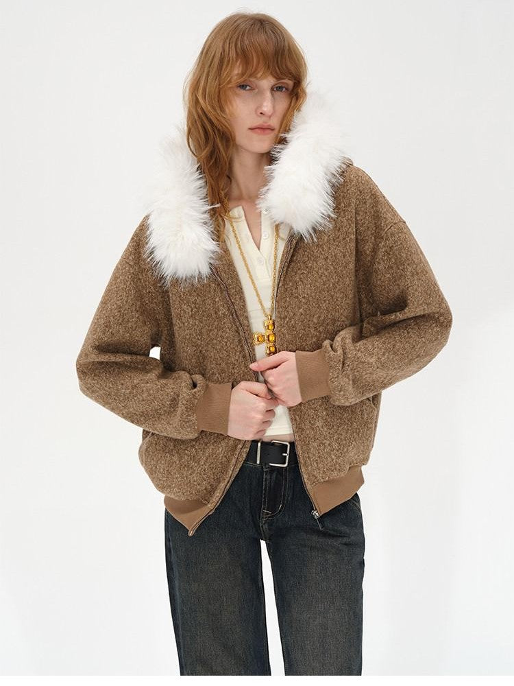 AFTADAWN Textured Woven Detachable Fur Collar Zipper Women&
