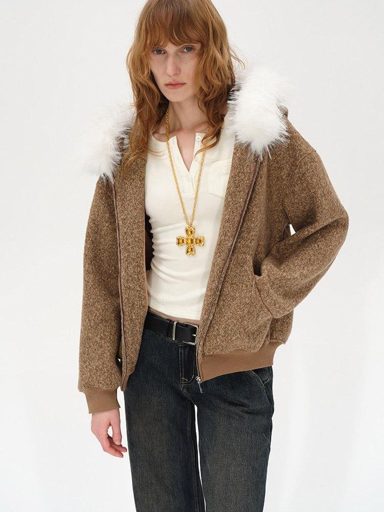 AFTADAWN Textured Woven Detachable Fur Collar Zipper Women&