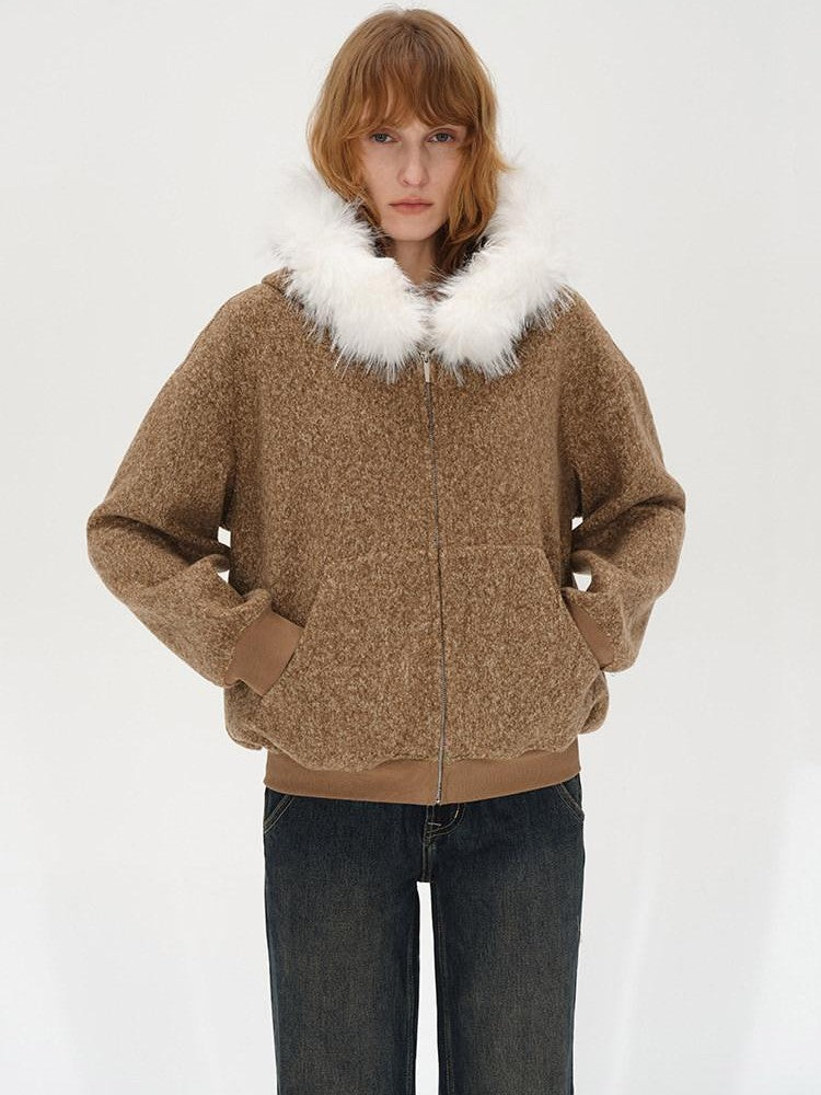 AFTADAWN Textured Woven Detachable Fur Collar Zipper Women&