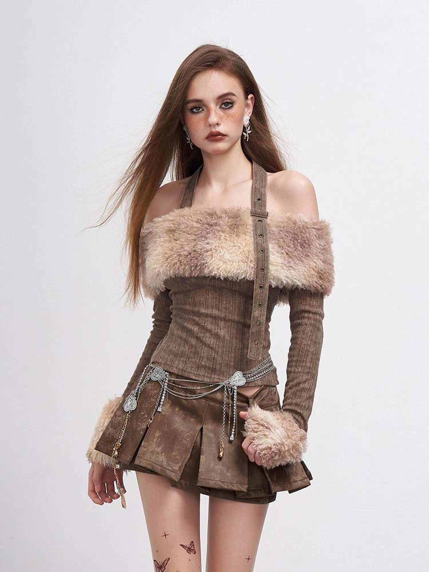 AFTADAWN Tie Dye Halter Top With Fur Trim