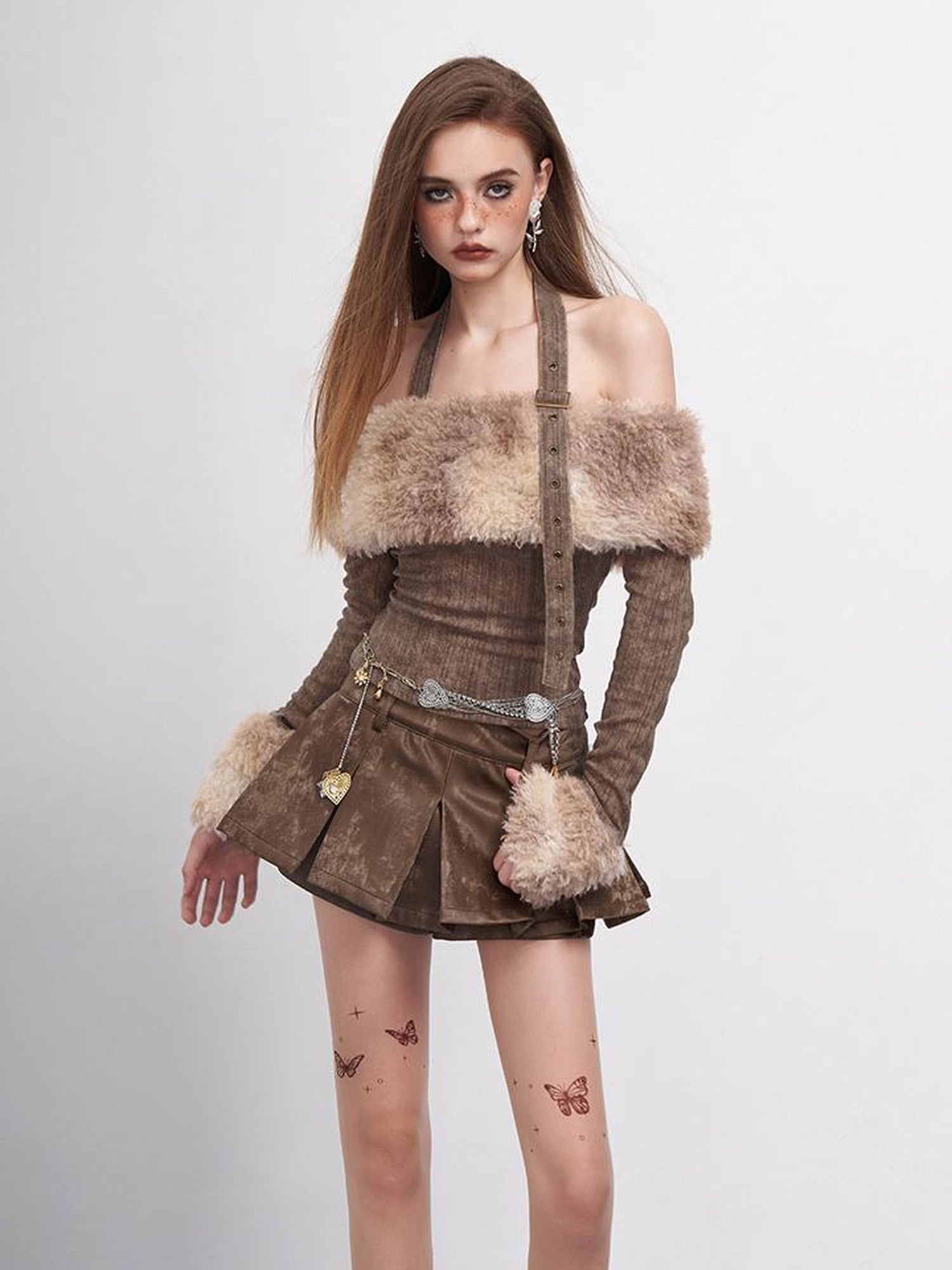 AFTADAWN Tie Dye Halter Top With Fur Trim