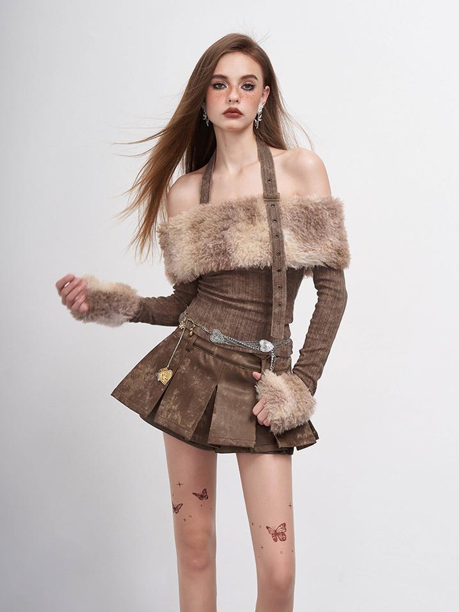 AFTADAWN Tie Dye Halter Top With Fur Trim