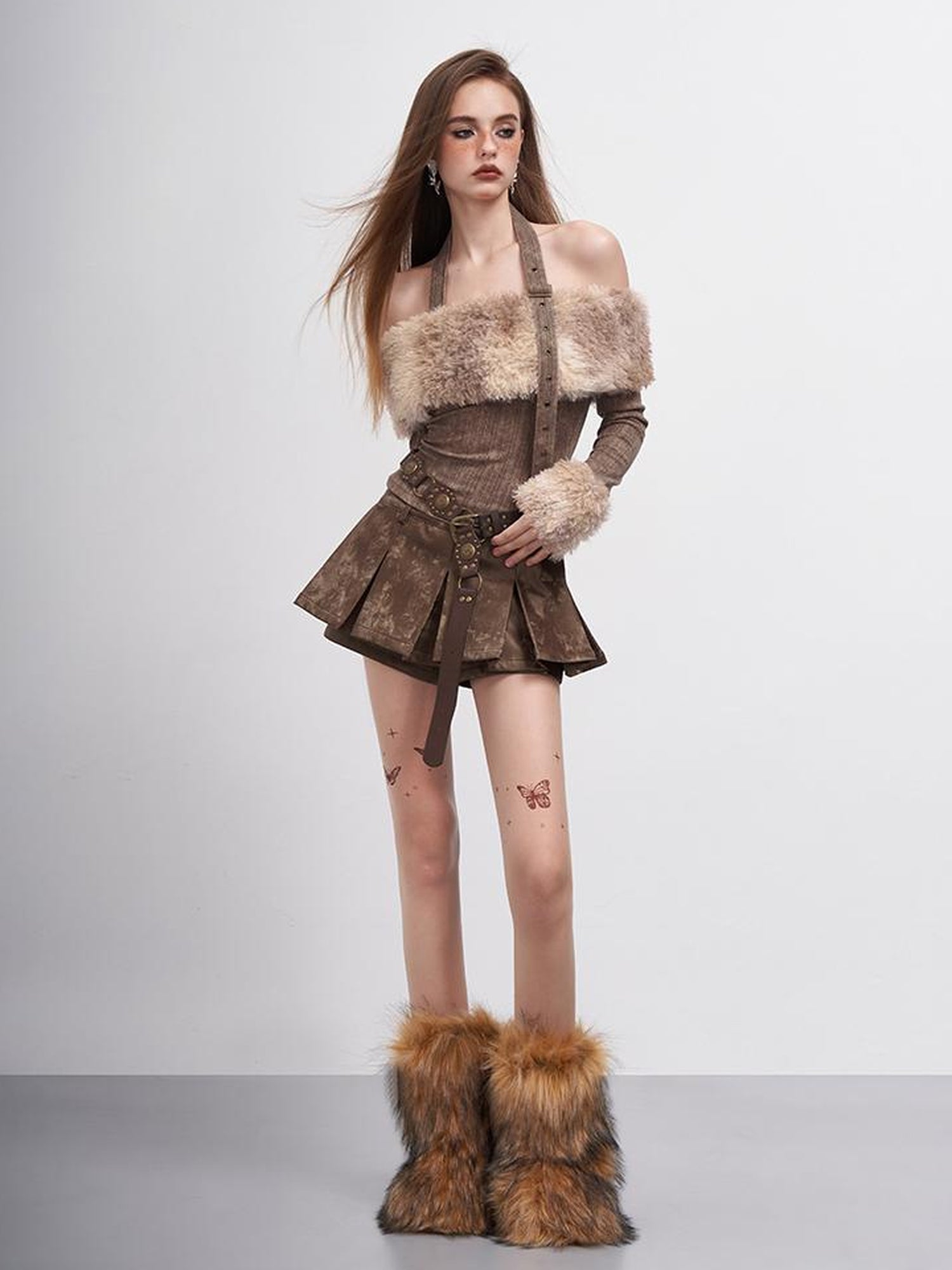 AFTADAWN Tie Dye Halter Top With Fur Trim