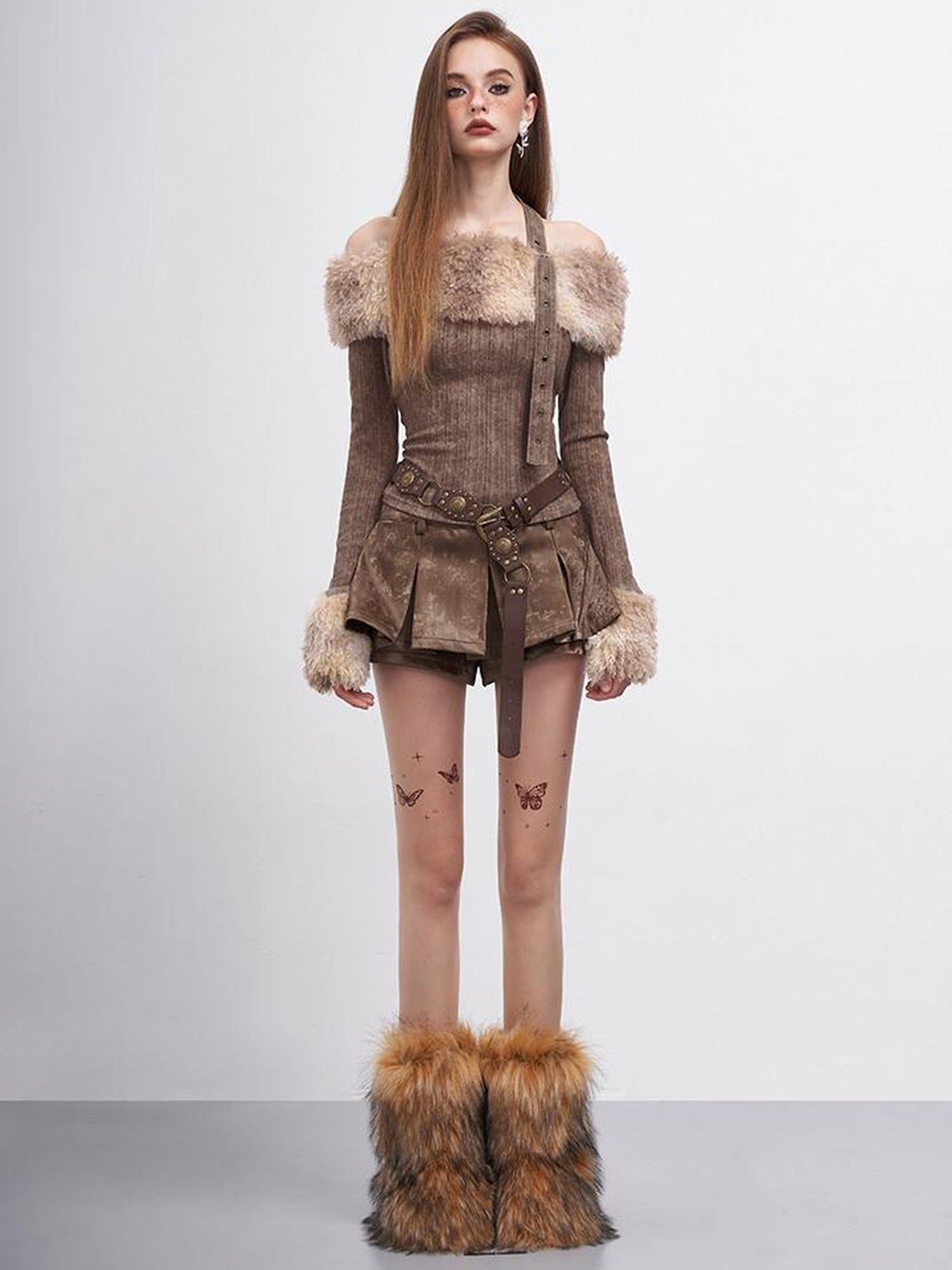 AFTADAWN Tie Dye Halter Top With Fur Trim