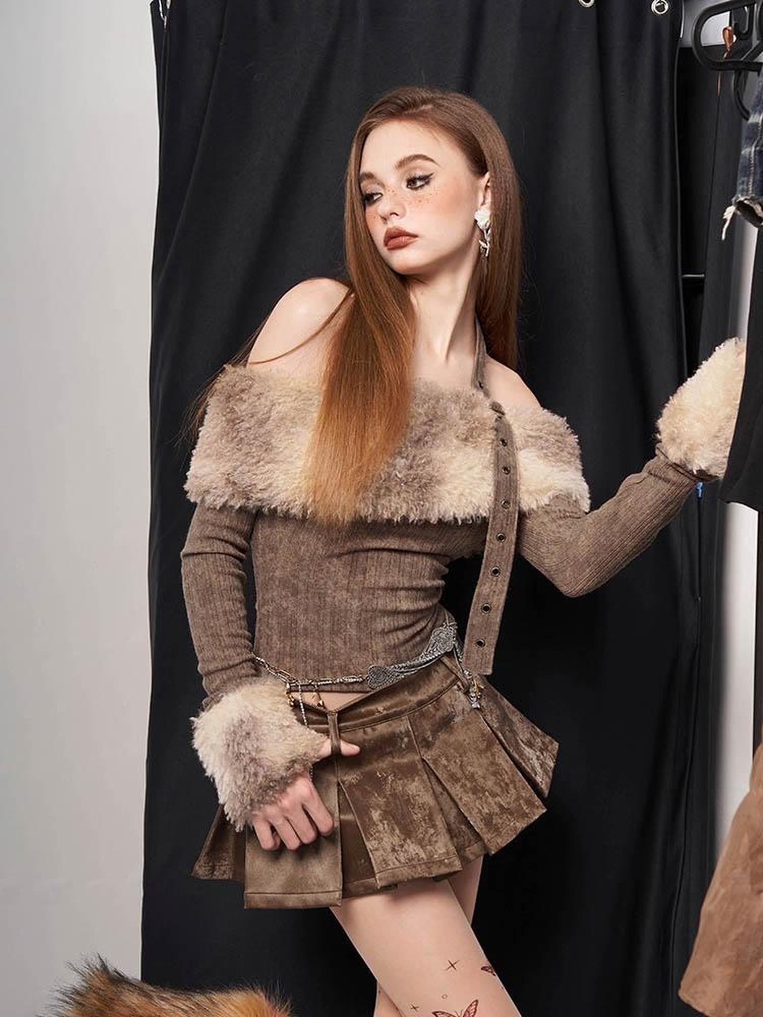 AFTADAWN Tie Dye Halter Top With Fur Trim