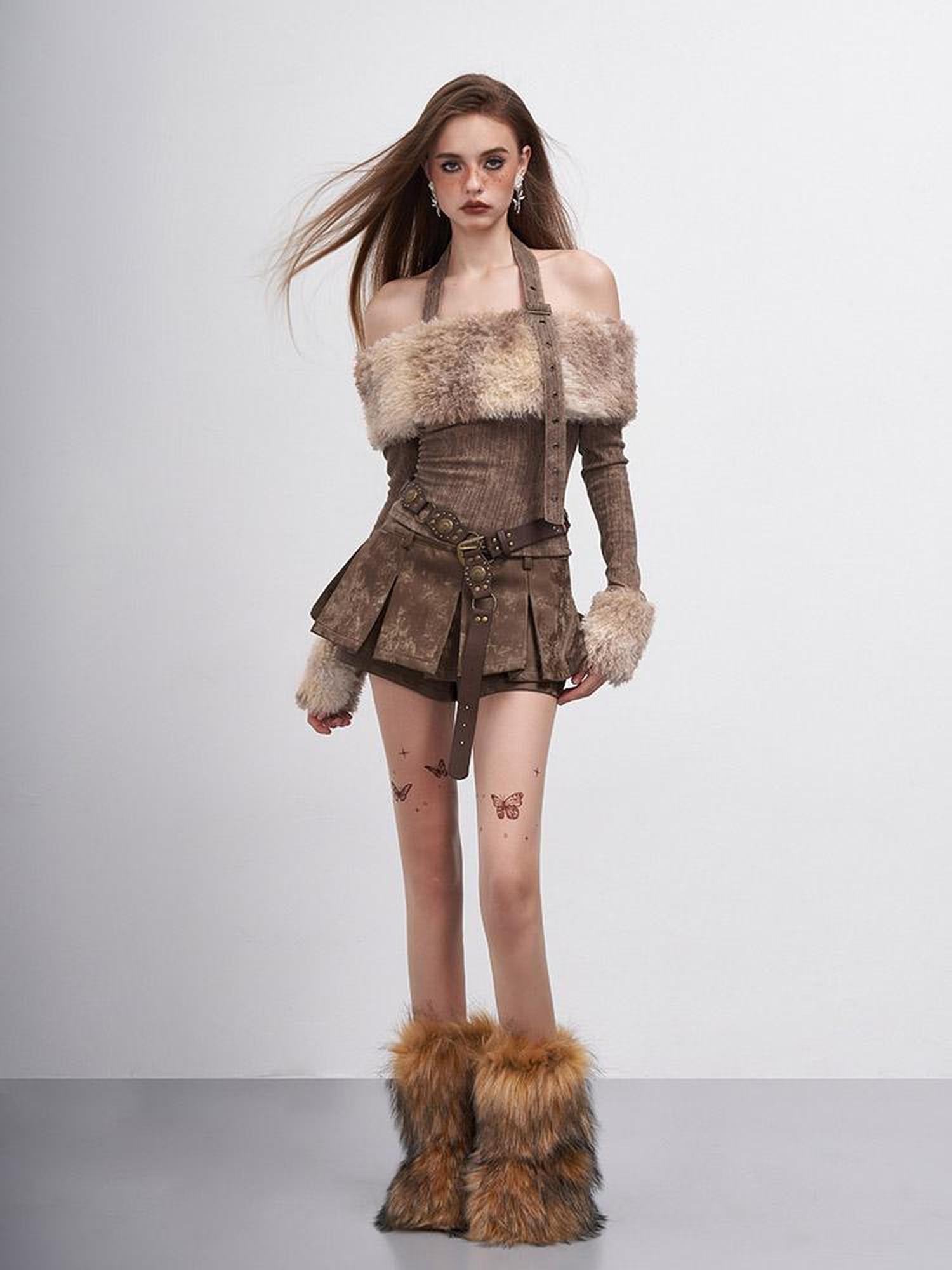 AFTADAWN Tie Dye Halter Top With Fur Trim