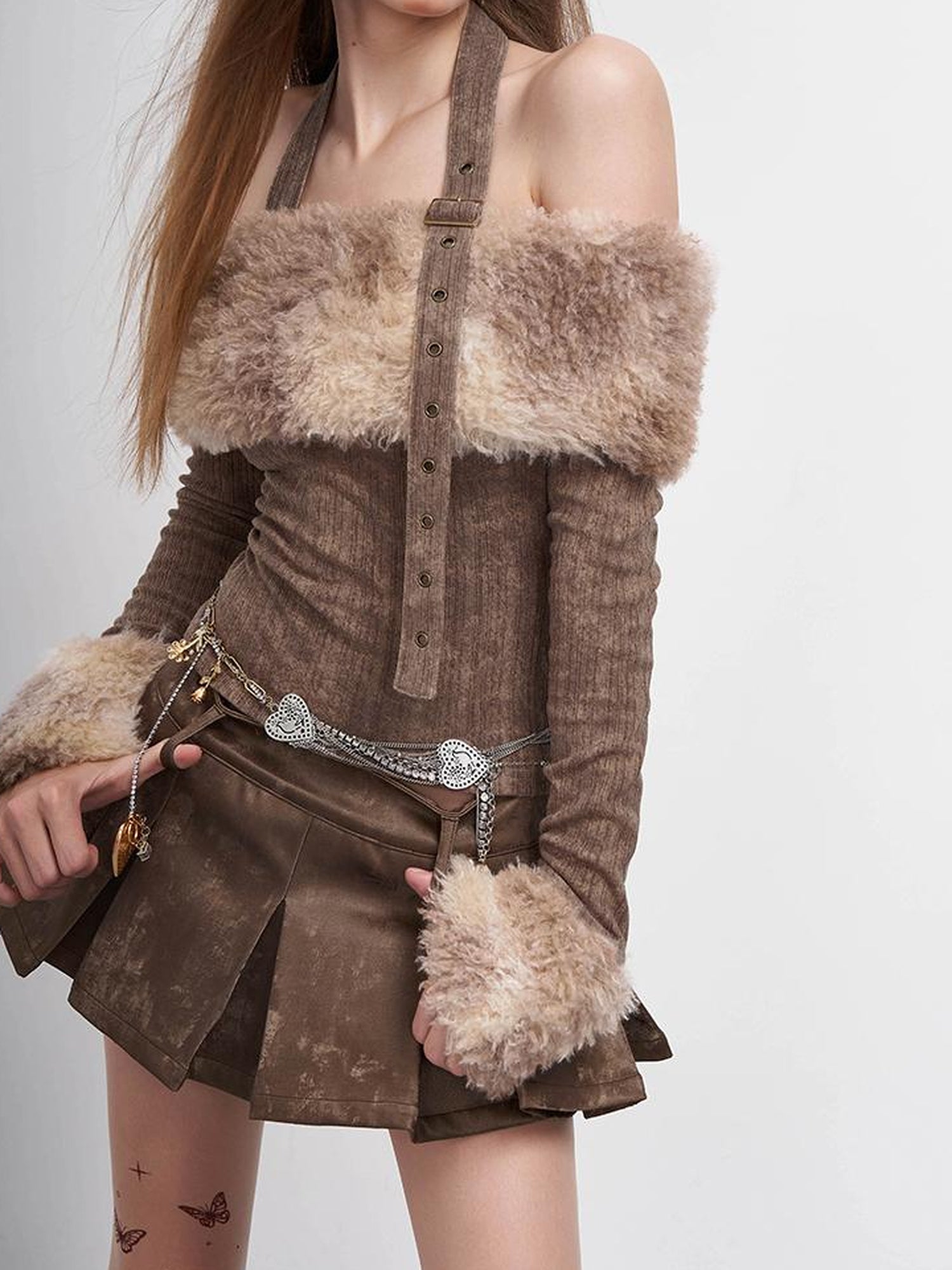 AFTADAWN Tie Dye Halter Top With Fur Trim