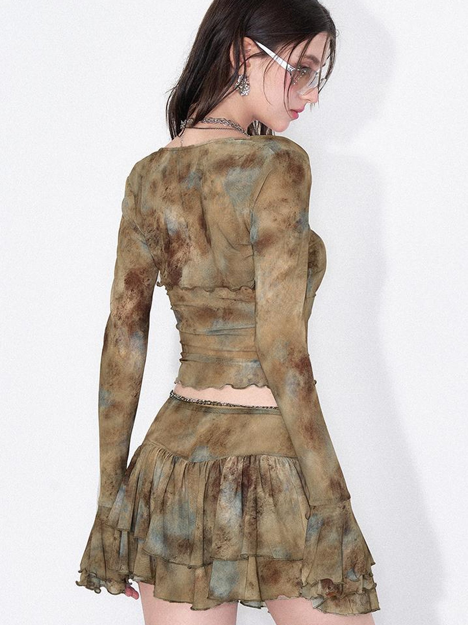 AFTADAWN Tie Dye Sheer Mesh Top Flounced Hem Skirt Set