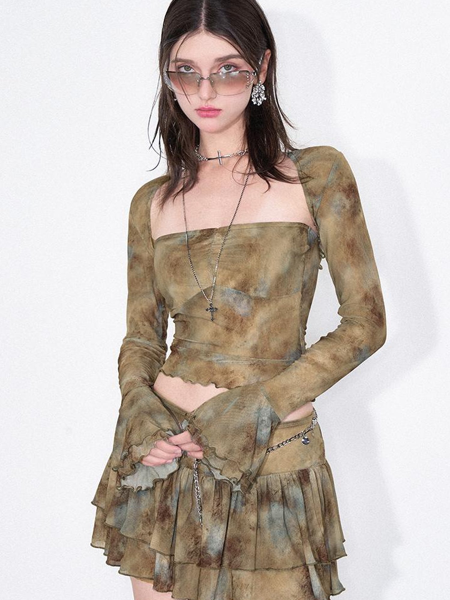 AFTADAWN Tie Dye Sheer Mesh Top Flounced Hem Skirt Set