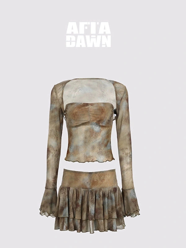 Tie Dye Sheer Mesh Top Flounced Hem Skirt Set