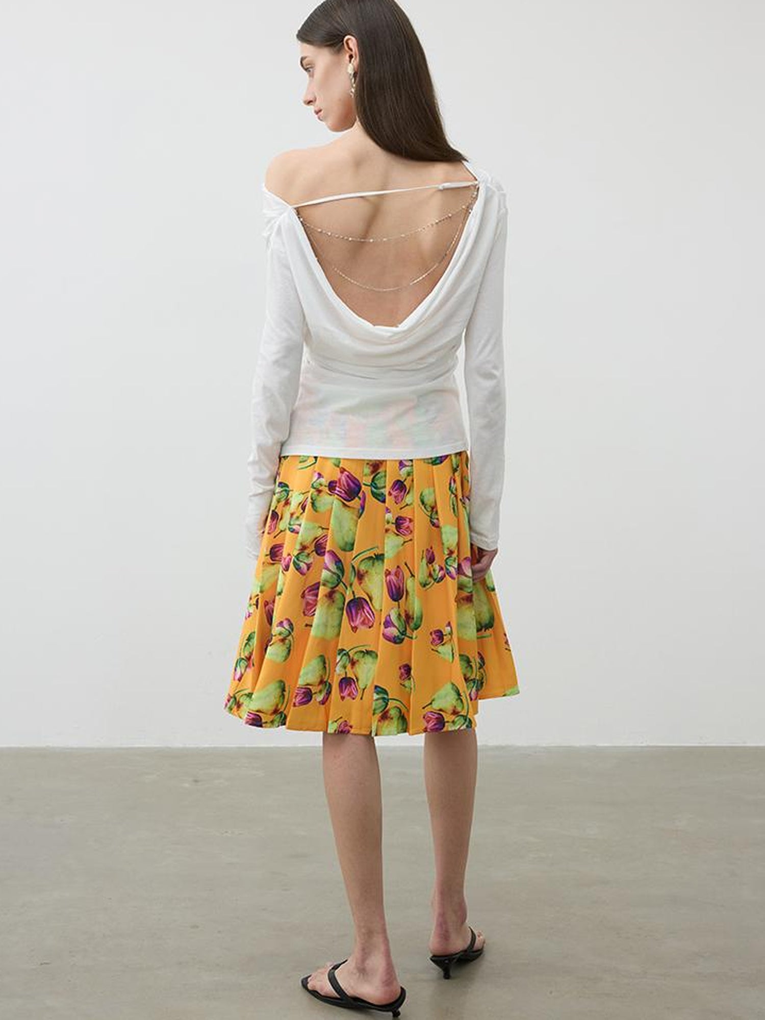 AFTADAWN Tropical Orange Print Heavy Pleated A Line Midi Skirt