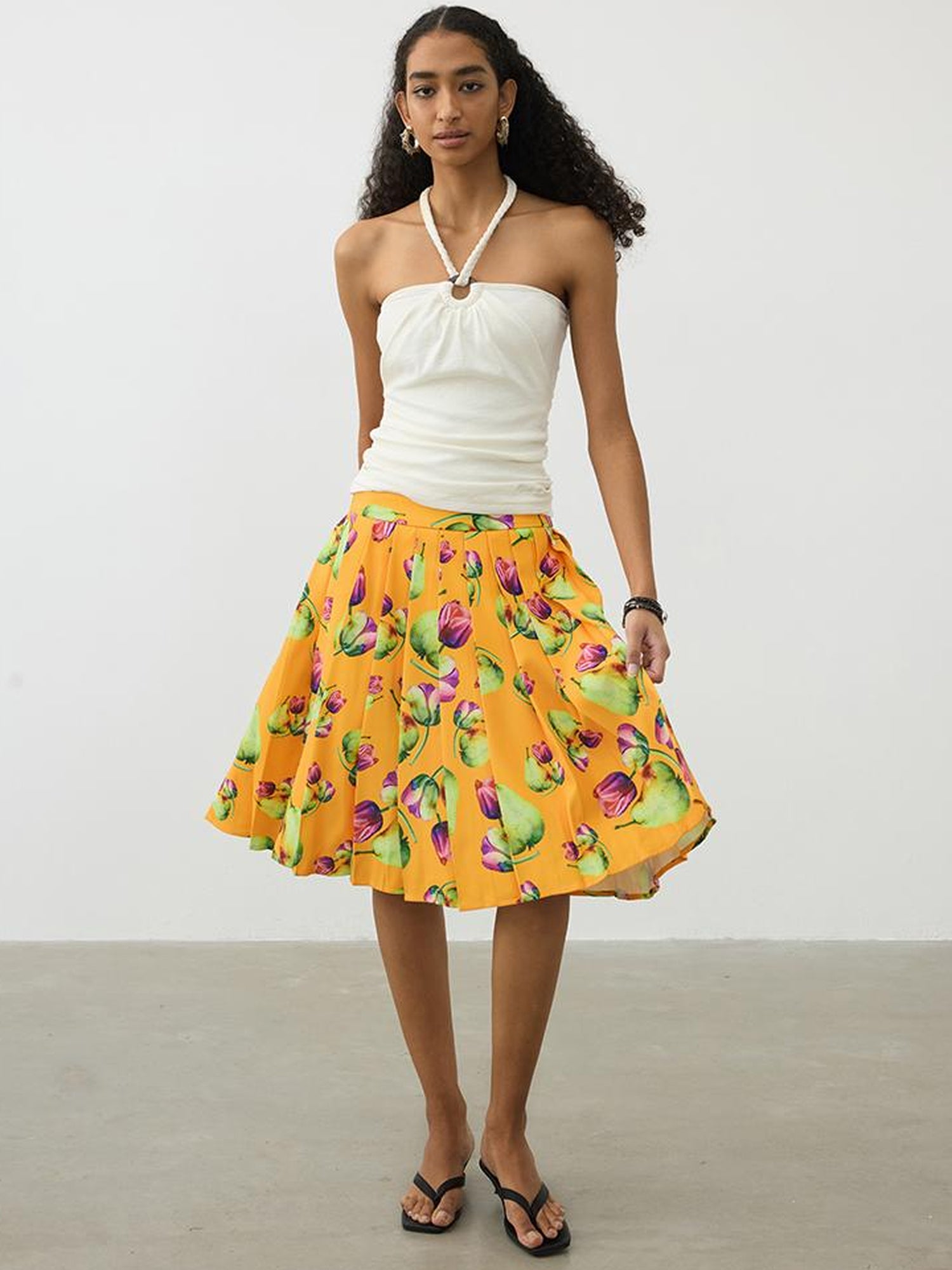AFTADAWN Tropical Orange Print Heavy Pleated A Line Midi Skirt