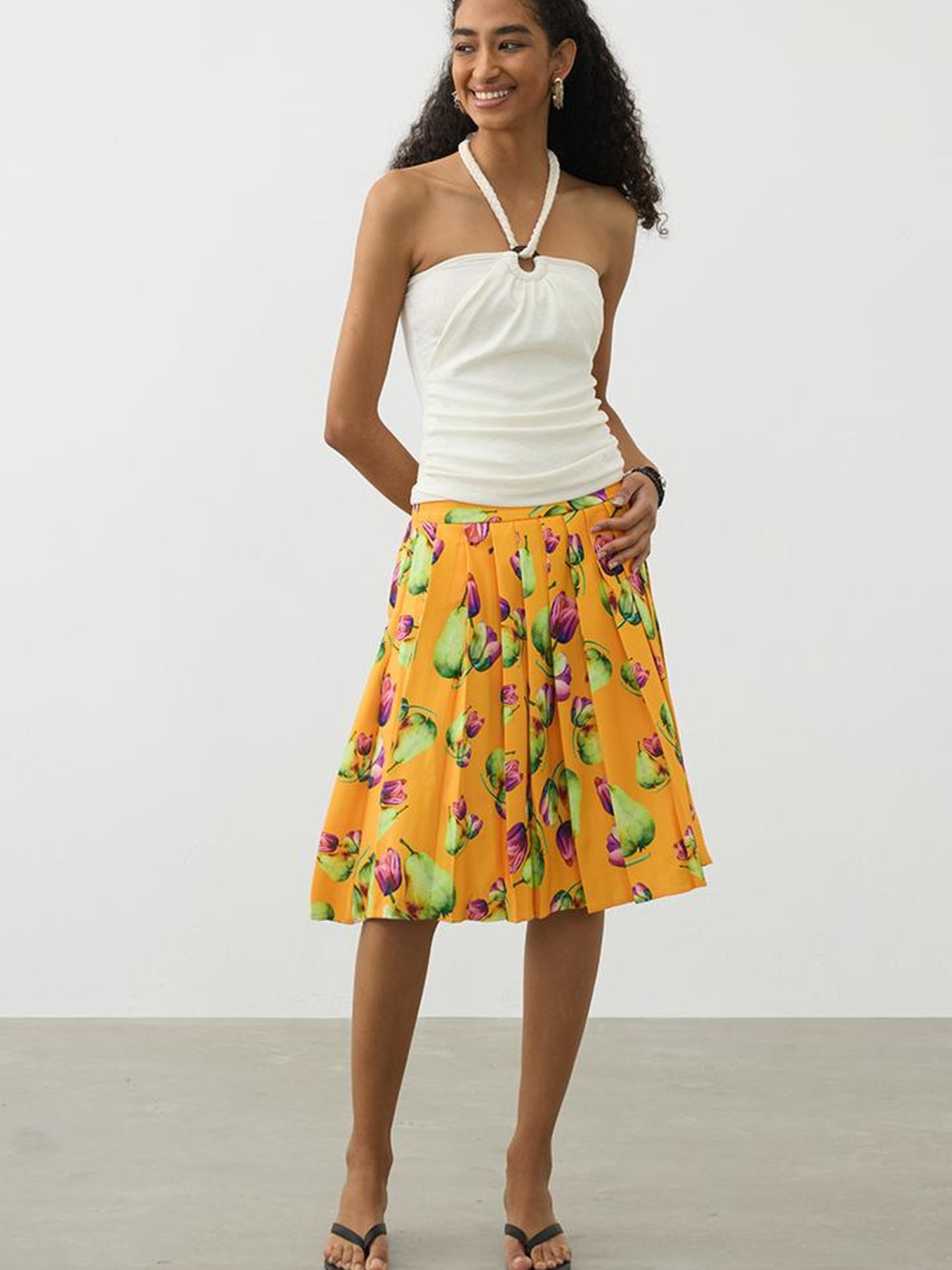 AFTADAWN Tropical Orange Print Heavy Pleated A Line Midi Skirt