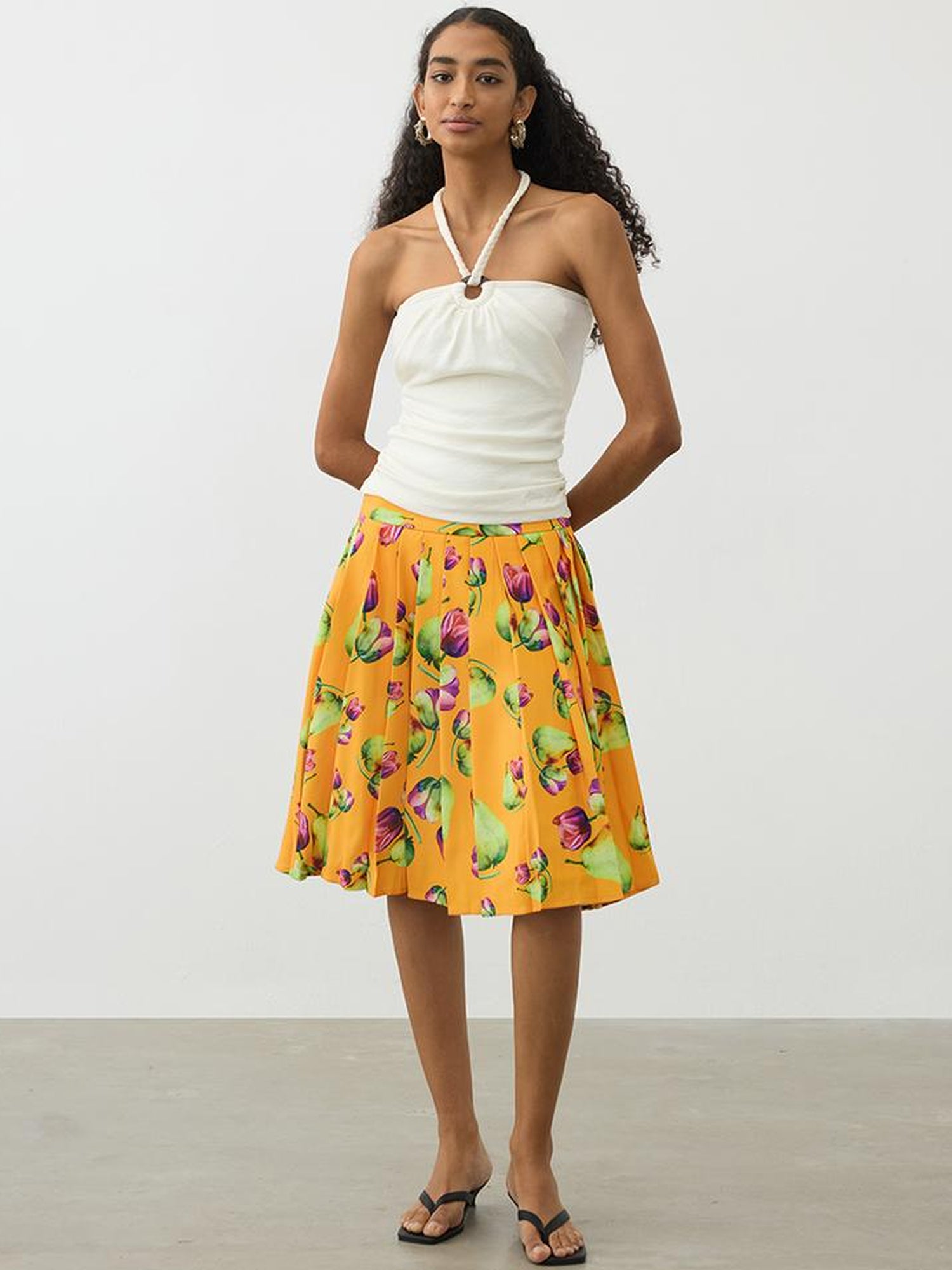 AFTADAWN Tropical Orange Print Heavy Pleated A Line Midi Skirt