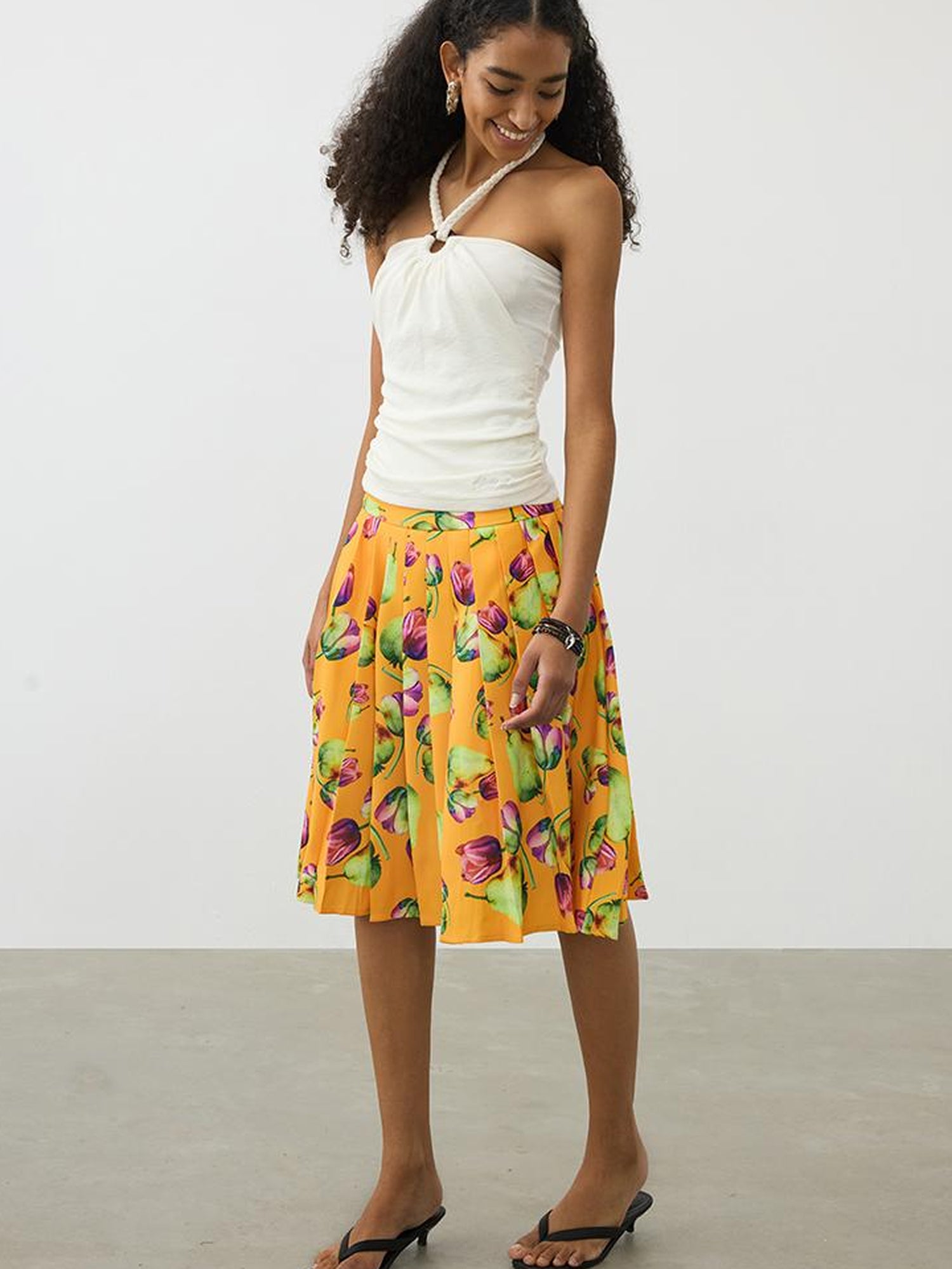 AFTADAWN Tropical Orange Print Heavy Pleated A Line Midi Skirt