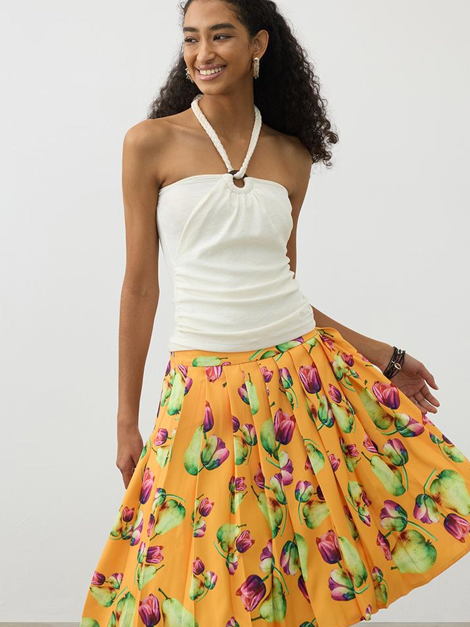 AFTADAWN Tropical Orange Print Heavy Pleated A Line Midi Skirt