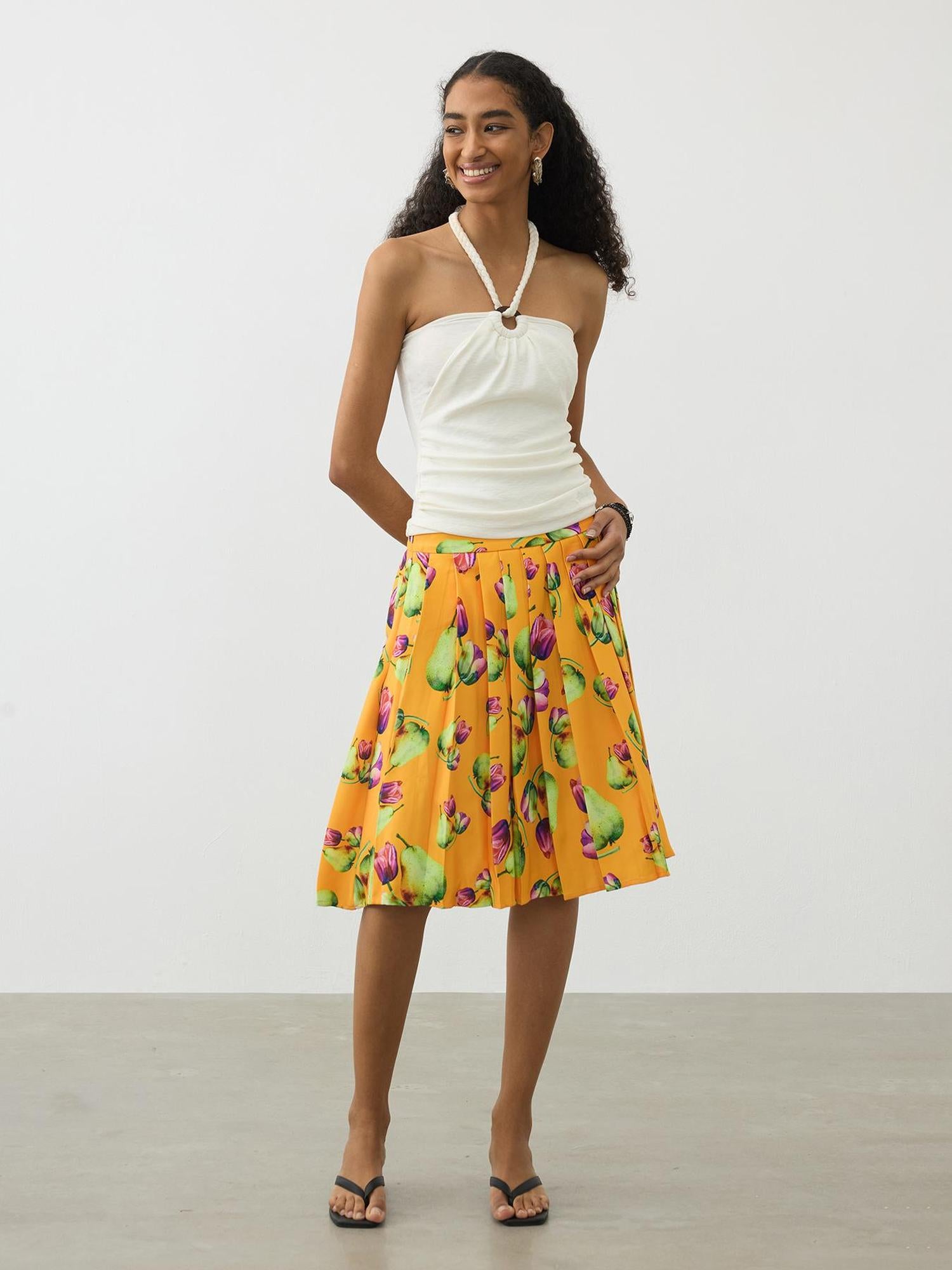 AFTADAWN Tropical Orange Print Heavy Pleated A Line Midi Skirt