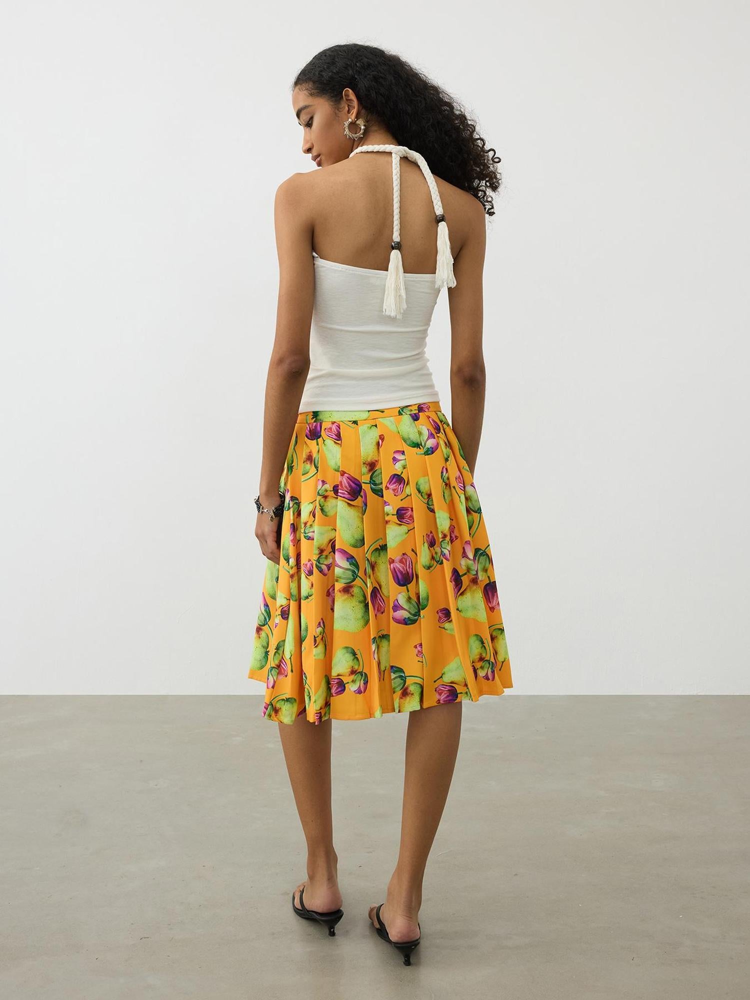 AFTADAWN Tropical Orange Print Heavy Pleated A Line Midi Skirt