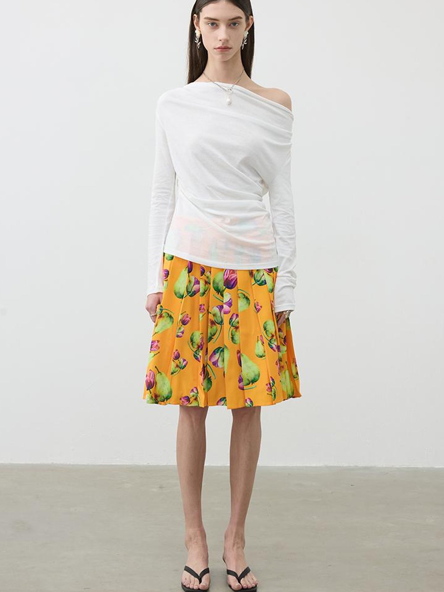 AFTADAWN Tropical Orange Print Heavy Pleated A Line Midi Skirt