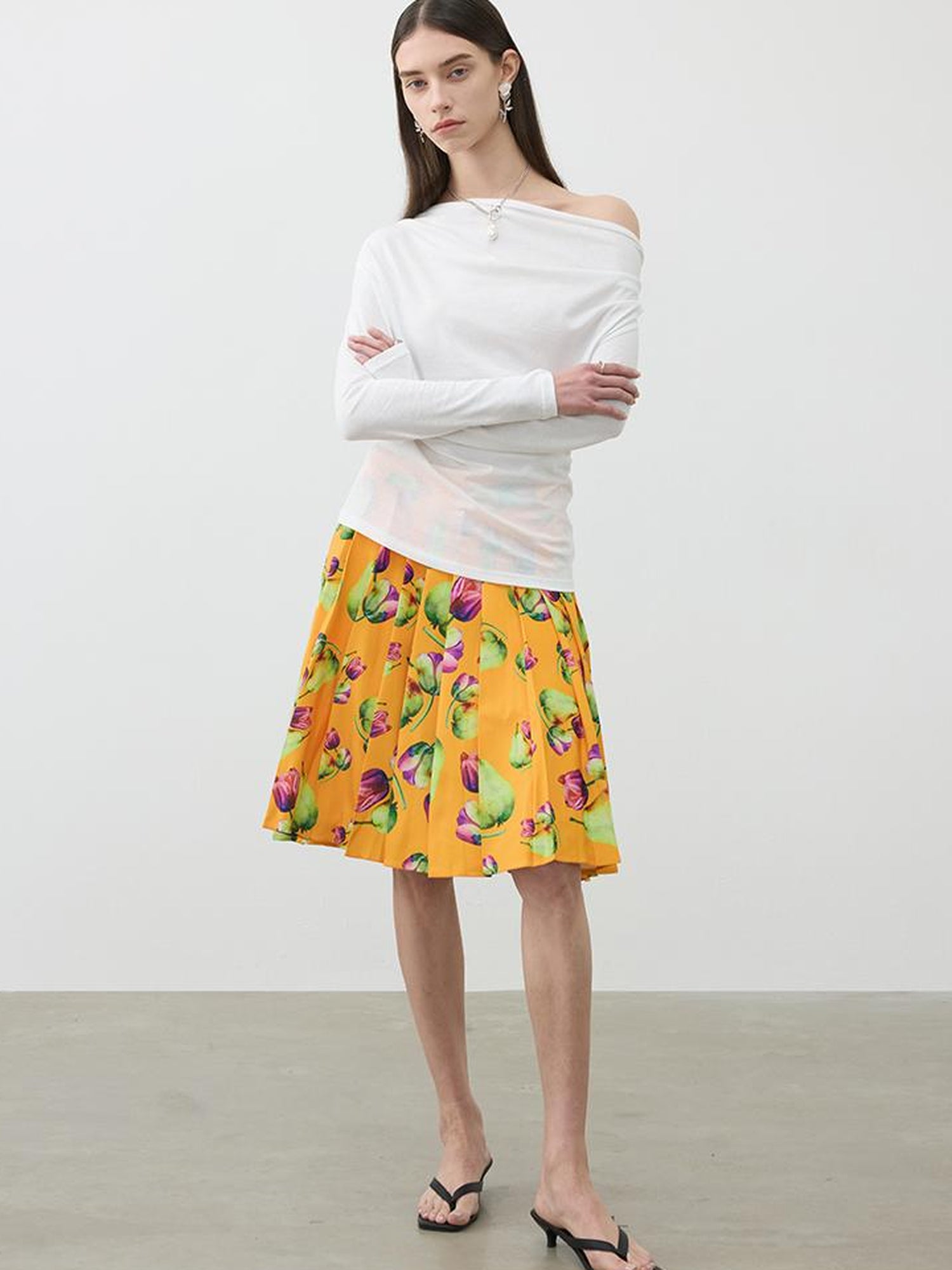 AFTADAWN Tropical Orange Print Heavy Pleated A Line Midi Skirt
