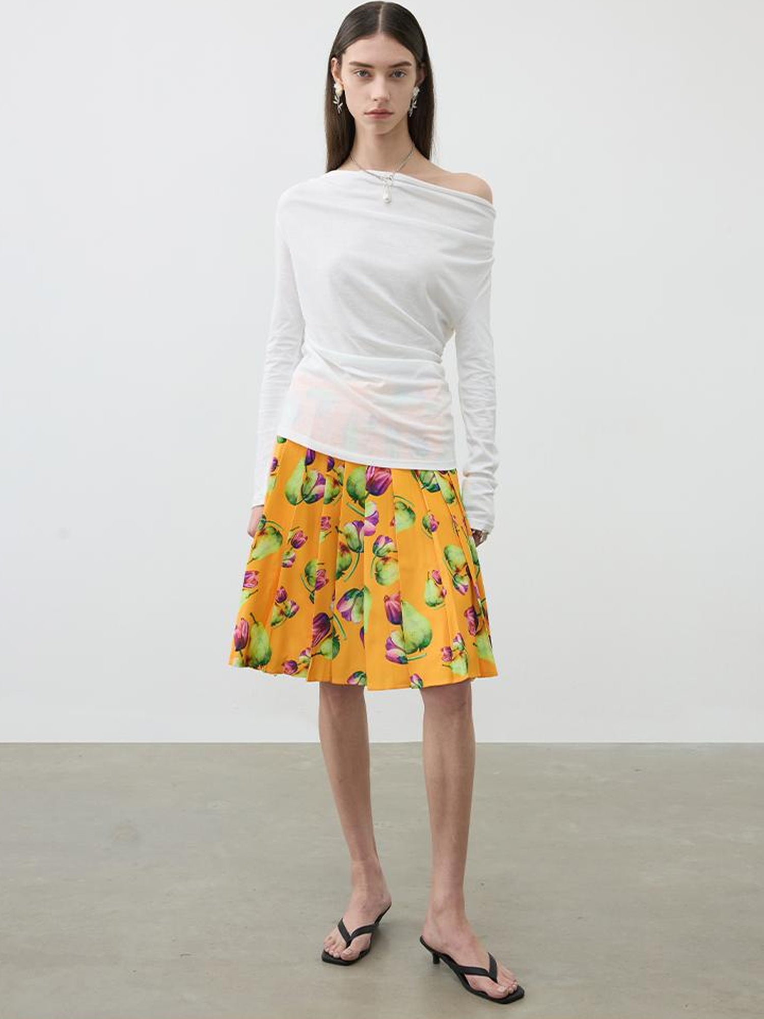 AFTADAWN Tropical Orange Print Heavy Pleated A Line Midi Skirt