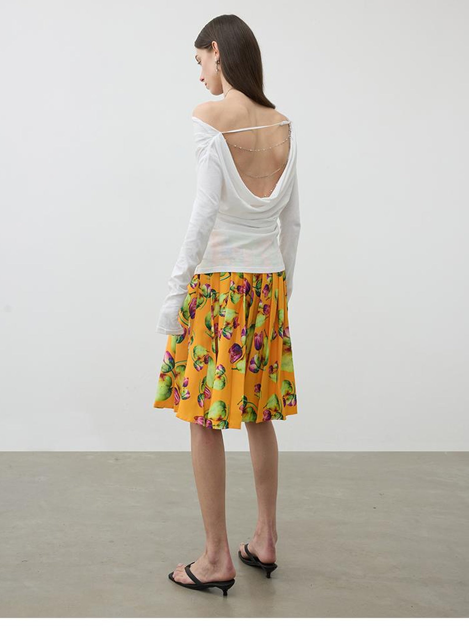 AFTADAWN Tropical Orange Print Heavy Pleated A Line Midi Skirt