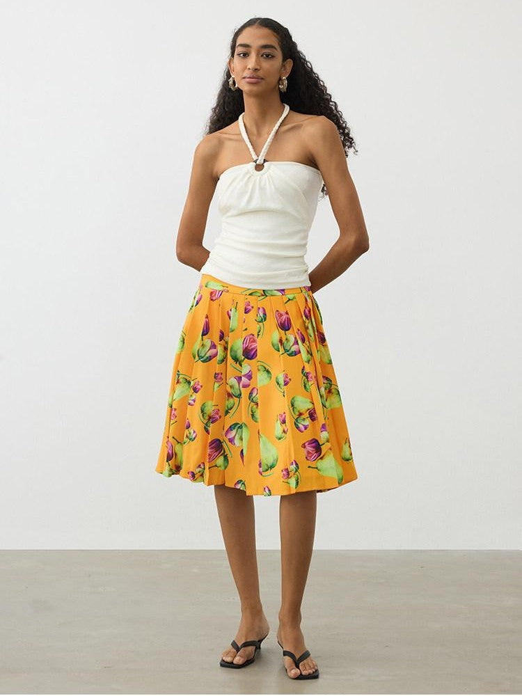 AFTADAWN Tropical Orange Printed Pleated A Line High Waist Women&